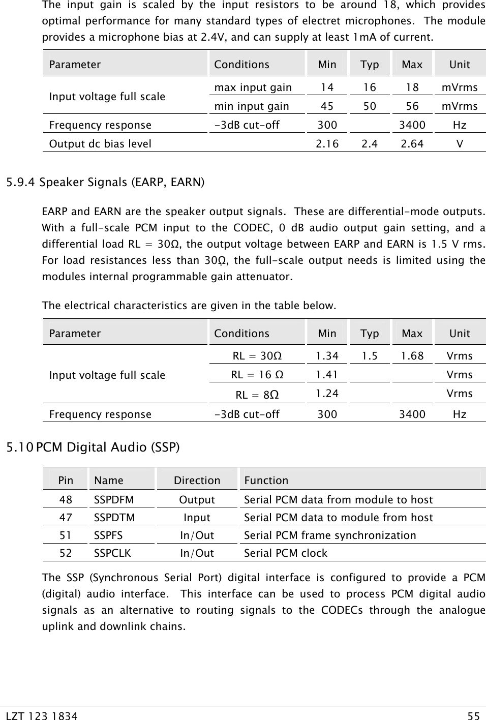   LZT 123 1834  55   The input gain is scaled by the input resistors to be around 18, which provides optimal performance for many standard types of electret microphones.  The module provides a microphone bias at 2.4V, and can supply at least 1mA of current.  Parameter  Conditions  Min  Typ  Max  Unit max input gain  14  16  18  mVrms Input voltage full scale  min input gain  45  50  56  mVrms Frequency response  -3dB cut-off  300    3400  Hz Output dc bias level    2.16  2.4  2.64  V 5.9.4  Speaker Signals (EARP, EARN) EARP and EARN are the speaker output signals.  These are differential-mode outputs.  With a full-scale PCM input to the CODEC, 0 dB audio output gain setting, and a differential load RL = 30Ω, the output voltage between EARP and EARN is 1.5 V rms.  For load resistances less than 30Ω, the full-scale output needs is limited using the modules internal programmable gain attenuator. The electrical characteristics are given in the table below. Parameter  Conditions  Min  Typ  Max  Unit RL = 30 1.34 1.5 1.68 Vrms RL = 16  1.41     Vrms Input voltage full scale RL = 8 1.24     Vrms Frequency response  -3dB cut-off  300    3400  Hz 5.10 PCM Digital Audio (SSP) Pin  Name  Direction  Function 48  SSPDFM  Output  Serial PCM data from module to host 47  SSPDTM  Input  Serial PCM data to module from host 51  SSPFS  In/Out  Serial PCM frame synchronization 52 SSPCLK  In/Out  Serial PCM clock The SSP (Synchronous Serial Port) digital interface is configured to provide a PCM  (digital) audio interface.  This interface can be used to process PCM digital audio signals as an alternative to routing signals to the CODECs through the analogue uplink and downlink chains.  