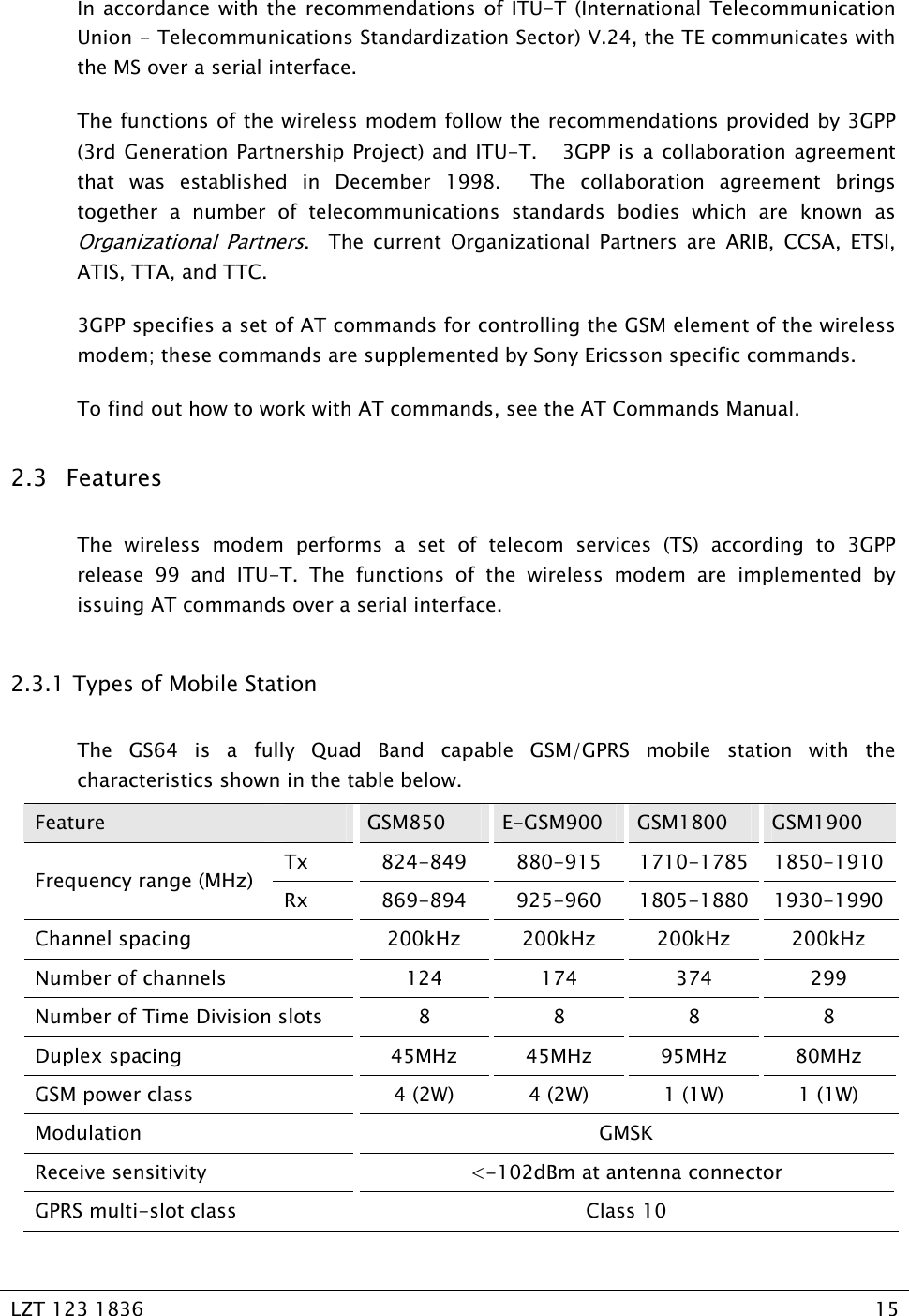   LZT 123 1836  15   In accordance with the recommendations of ITU-T (International Telecommunication Union - Telecommunications Standardization Sector) V.24, the TE communicates with the MS over a serial interface. The functions of the wireless modem follow the recommendations provided by 3GPP (3rd Generation Partnership Project) and ITU-T.   3GPP is a collaboration agreement that was established in December 1998.  The collaboration agreement brings together a number of telecommunications standards bodies which are known as Organizational Partners.  The current Organizational Partners are ARIB, CCSA, ETSI, ATIS, TTA, and TTC.   3GPP specifies a set of AT commands for controlling the GSM element of the wireless modem; these commands are supplemented by Sony Ericsson specific commands. To find out how to work with AT commands, see the AT Commands Manual. 2.3 Features The wireless modem performs a set of telecom services (TS) according to 3GPP release 99 and ITU-T. The functions of the wireless modem are implemented by issuing AT commands over a serial interface. 2.3.1  Types of Mobile Station The GS64 is a fully Quad Band capable GSM/GPRS mobile station with the characteristics shown in the table below. Feature    GSM850  E-GSM900  GSM1800  GSM1900 Tx 824-849 880-915 1710-1785 1850-1910Frequency range (MHz) Rx 869-894 925-960 1805-1880 1930-1990Channel spacing    200kHz 200kHz 200kHz 200kHz Number of channels   124 174 374 299 Number of Time Division slots  8  8  8  8 Duplex spacing    45MHz 45MHz 95MHz 80MHz GSM power class    4 (2W)  4 (2W)  1 (1W)  1 (1W) Modulation   GMSK Receive sensitivity     &lt;-102dBm at antenna connector GPRS multi-slot class    Class 10 