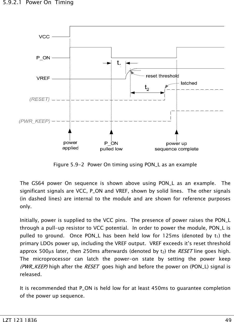   LZT 123 1836  49    5.9.2.1  Power On  Timing   Figure 5.9-2  Power On timing using PON_L as an example  The GS64 power On sequence is shown above using PON_L as an example.  The significant signals are VCC, P_ON and VREF, shown by solid lines.  The other signals (in dashed lines) are internal to the module and are shown for reference purposes only. Initially, power is supplied to the VCC pins.  The presence of power raises the PON_L through a pull-up resistor to VCC potential.  In order to power the module, PON_L is pulled to ground.  Once PON_L has been held low for 125ms (denoted by t1) the primary LDOs power up, including the VREF output.  VREF exceeds it’s reset threshold approx 500µs later, then 250ms afterwards (denoted by t2) the RESET line goes high.  The microprocessor can latch the power-on state by setting the power keep (PWR_KEEP) high after the RESET  goes high and before the power on (PON_L) signal is released. It is recommended that P_ON is held low for at least 450ms to guarantee completion of the power up sequence.   