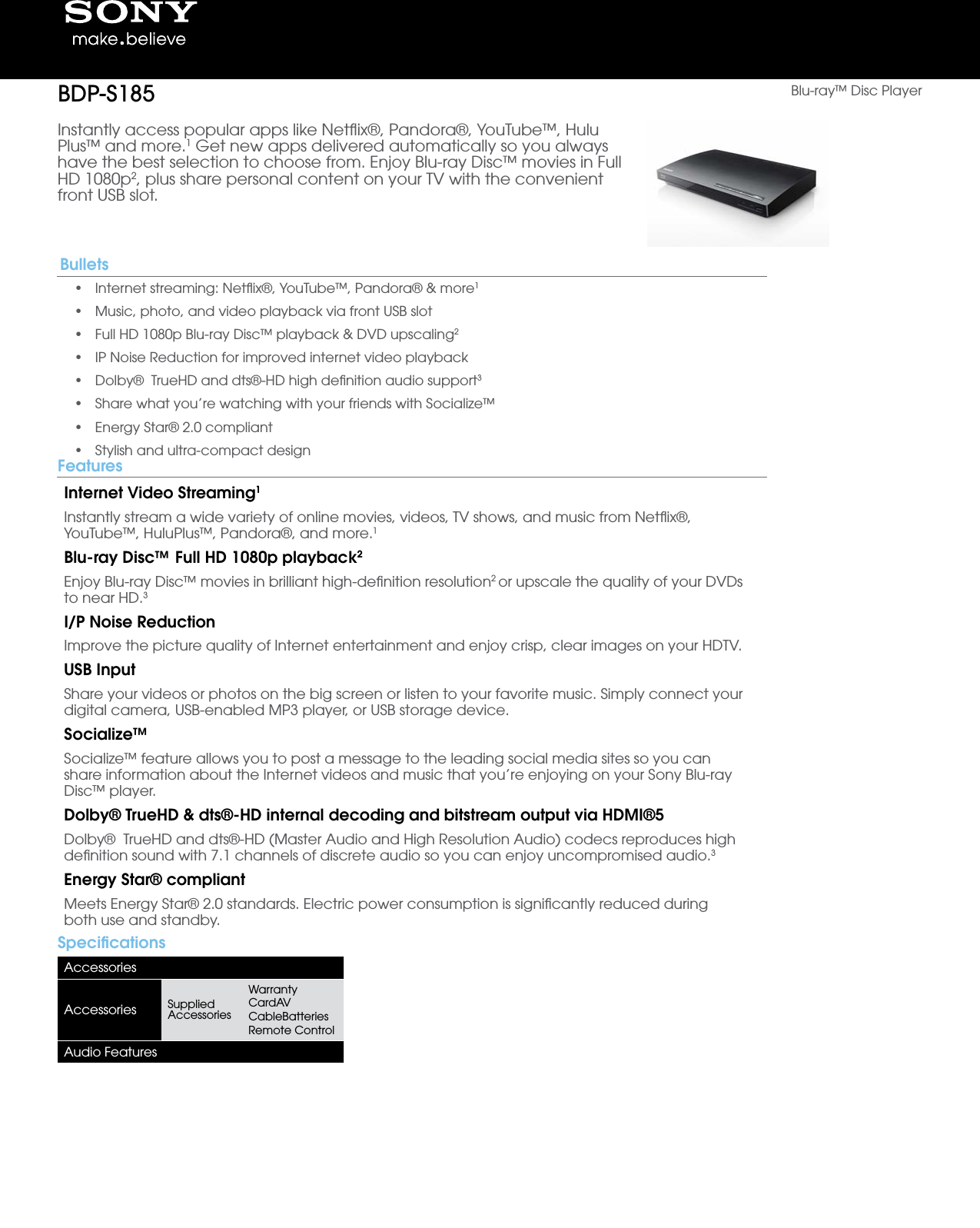 Page 1 of 3 - Sony BDP-S185 User Manual Marketing Specifications BDPS185 Mksp