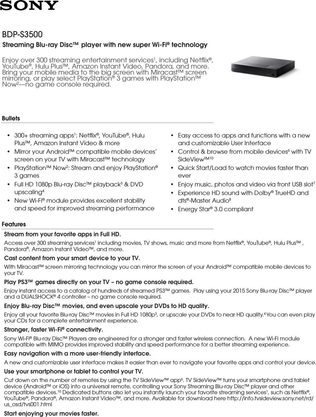 Page 1 of 6 - Sony BDP-S3500 User Manual Marketing Specifications BDPS3500 Mksp