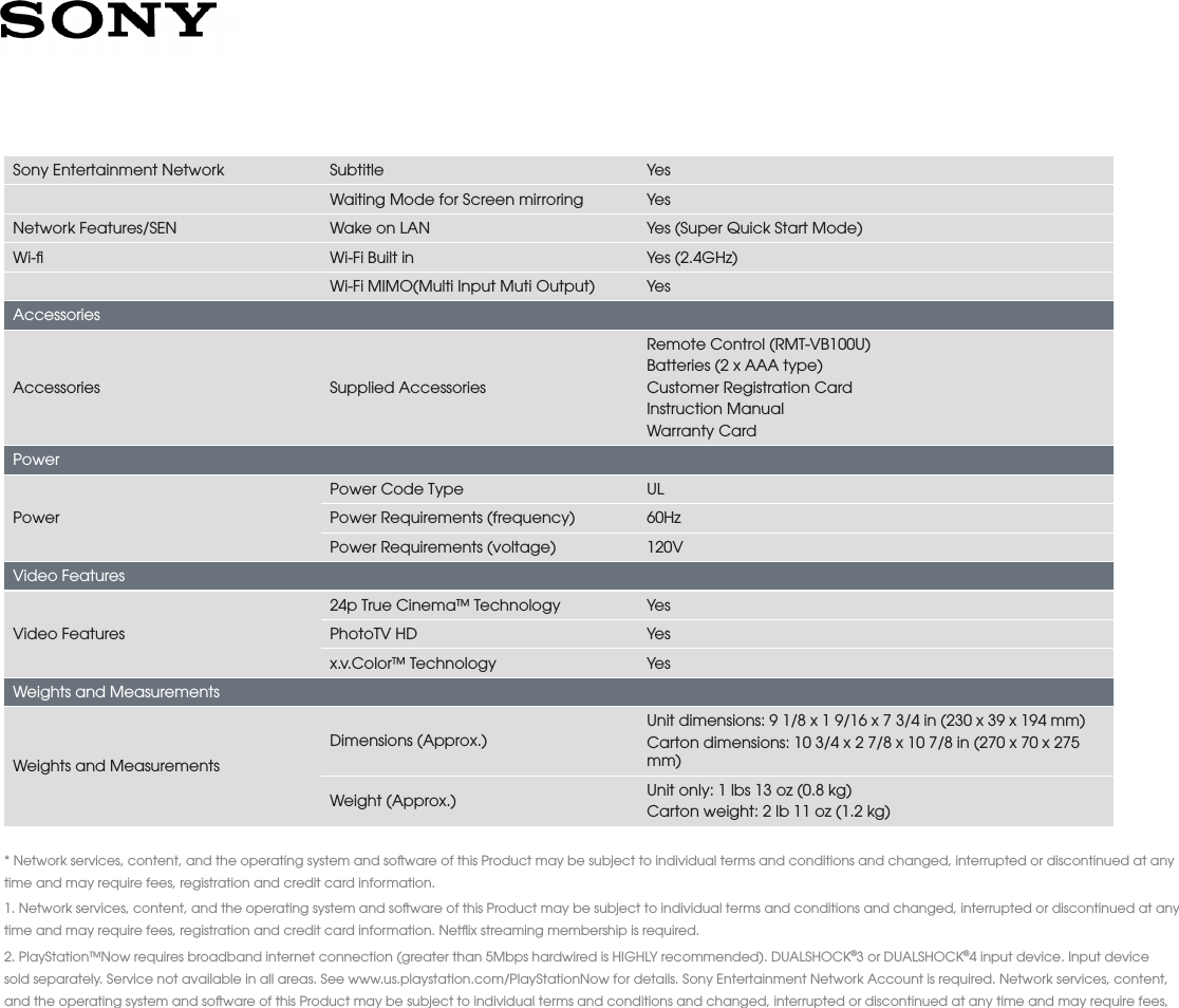 Page 6 of 6 - Sony BDP-S3500 User Manual Marketing Specifications BDPS3500 Mksp