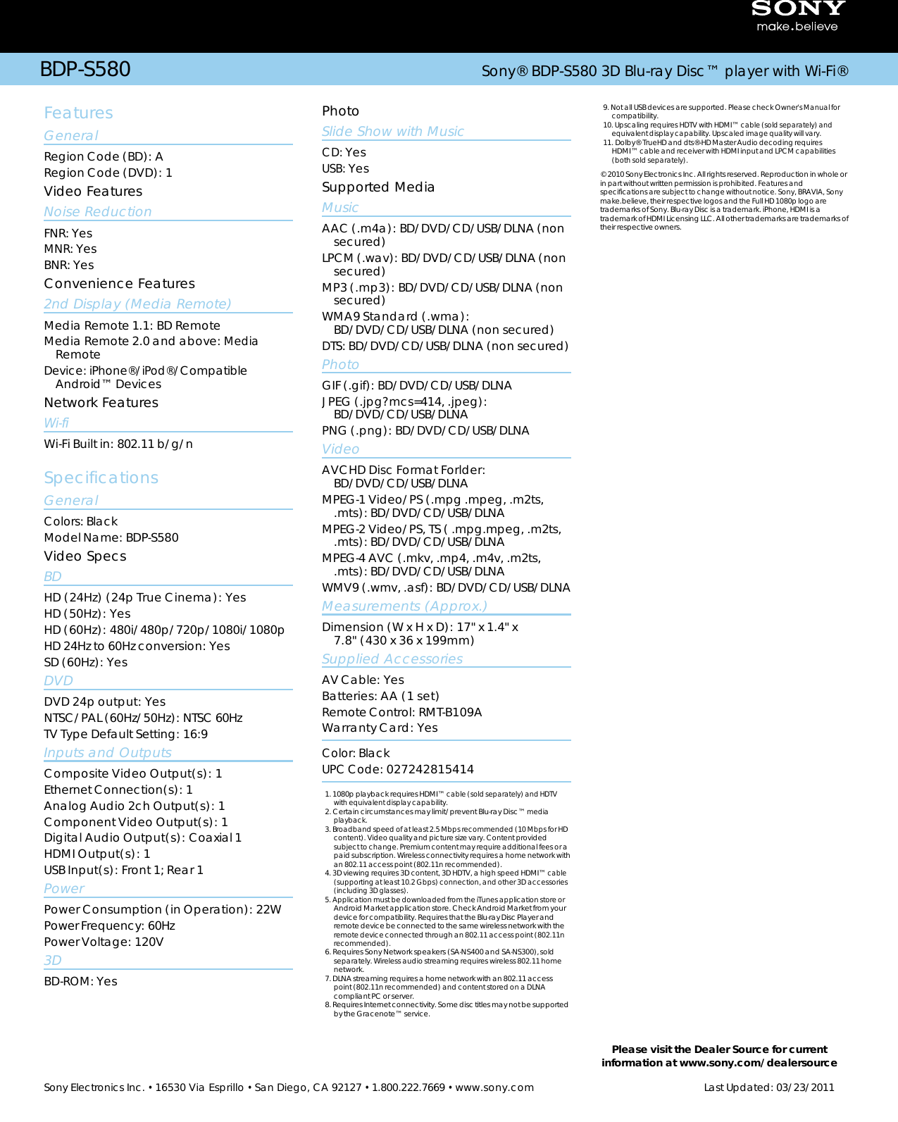 Page 2 of 2 - Sony BDP-S580 User Manual Marketing Specifications (BDP-S580) BDPS580 Mksp