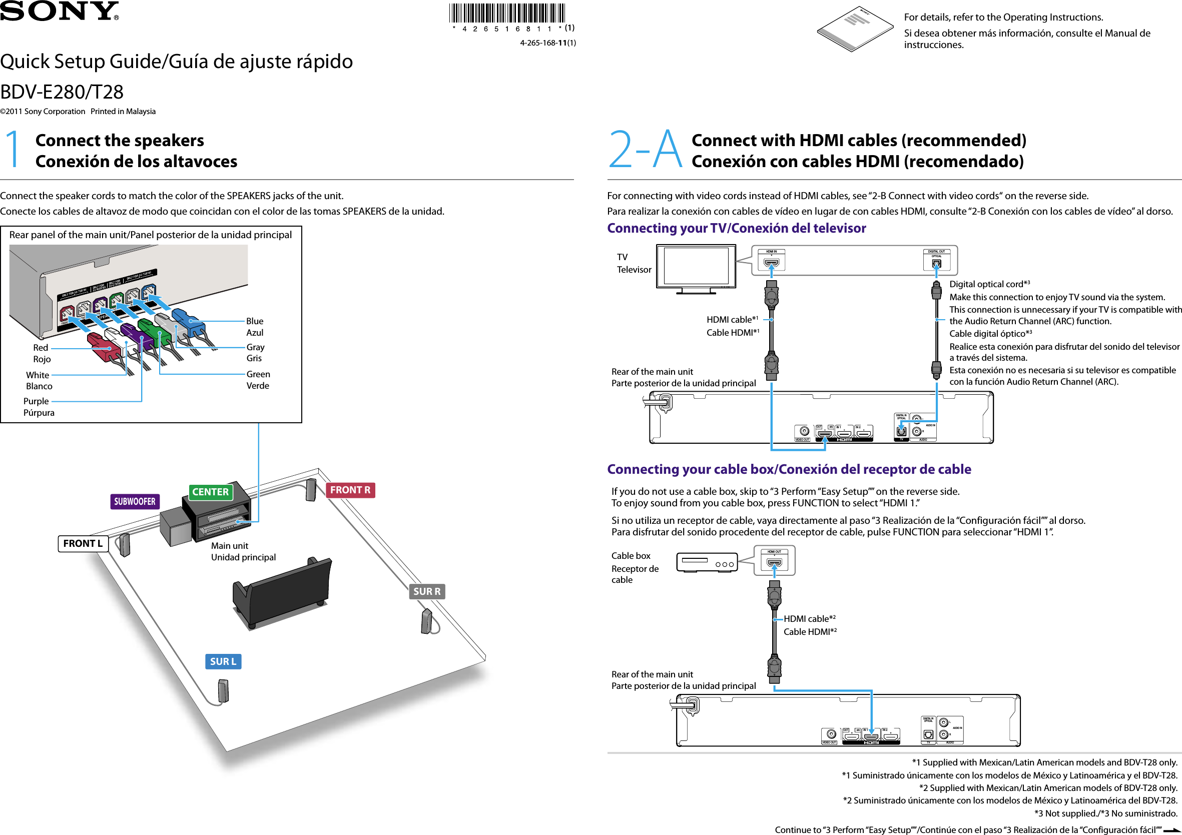 Page 1 of 2 - Sony BDV-E280 BDV-E280/T28 User Manual Quick Setup Guide BDVE280 T28 Qs EN ES