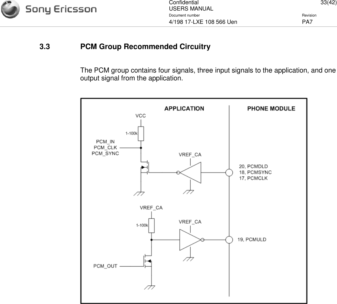 ConfidentialUSERS MANUAL 33(42)Document number Revision4/198 17-LXE 108 566 Uen PA73.3 PCM Group Recommended CircuitryThe PCM group contains four signals, three input signals to the application, and oneoutput signal from the application.