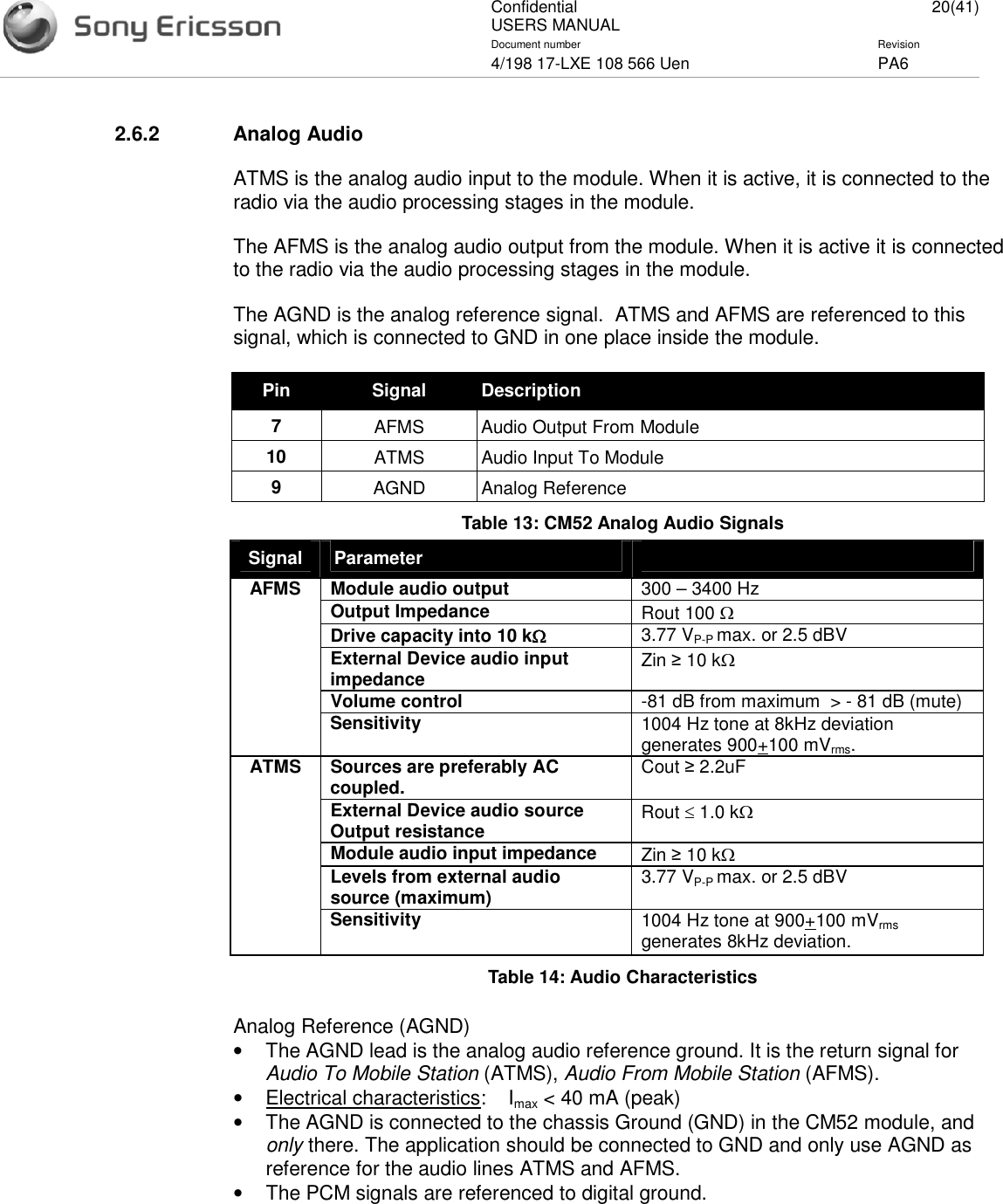 ConfidentialUSERS MANUAL 20(41)Document number Revision4/198 17-LXE 108 566 Uen PA62.6.2 Analog AudioATMS is the analog audio input to the module. When it is active, it is connected to theradio via the audio processing stages in the module.The AFMS is the analog audio output from the module. When it is active it is connectedto the radio via the audio processing stages in the module.The AGND is the analog reference signal. ATMS and AFMS are referenced to thissignal, which is connected to GND in one place inside the module.Pin Signal Description7AFMS Audio Output From Module10  ATMS Audio Input To Module9AGND Analog ReferenceTable 13: CM52 Analog Audio SignalsSignal ParameterModule audio output 300 – 3400 HzOutput Impedance Rout 100 Drive capacity into 10 k3.77 VP-P max. or 2.5 dBVExternal Device audio inputimpedance Zin 10 kVolume control -81 dB from maximum &gt; - 81 dB (mute)AFMSSensitivity 1004 Hz tone at 8kHz deviationgenerates 900+100 mVrms.Sources are preferably ACcoupled. Cout 2.2uFExternal Device audio sourceOutput resistance Rout 1.0 kModule audio input impedance Zin 10 kLevels from external audiosource (maximum) 3.77 VP-P max. or 2.5 dBVATMSSensitivity 1004 Hz tone at 900+100 mVrmsgenerates 8kHz deviation.Table 14: Audio CharacteristicsAnalog Reference (AGND)•The AGND lead is the analog audio reference ground. It is the return signal forAudio To Mobile Station (ATMS), Audio From Mobile Station (AFMS).•Electrical characteristics: Imax &lt; 40 mA (peak)•The AGND is connected to the chassis Ground (GND) in the CM52 module, andonly there. The application should be connected to GND and only use AGND asreference for the audio lines ATMS and AFMS.•The PCM signals are referenced to digital ground.