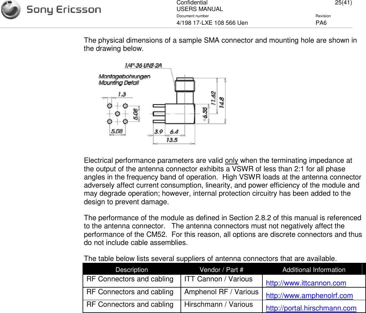 ConfidentialUSERS MANUAL 25(41)Document number Revision4/198 17-LXE 108 566 Uen PA6The physical dimensions of a sample SMA connector and mounting hole are shown inthe drawing below.Electrical performance parameters are valid only when the terminating impedance atthe output of the antenna connector exhibits a VSWR of less than 2:1 for all phaseangles in the frequency band of operation. High VSWR loads at the antenna connectoradversely affect current consumption, linearity, and power efficiency of the module andmay degrade operation; however, internal protection circuitry has been added to thedesign to prevent damage.The performance of the module as defined in Section 2.8.2 of this manual is referencedto the antenna connector. The antenna connectors must not negatively affect theperformance of the CM52. For this reason, all options are discrete connectors and thusdo not include cable assemblies.The table below lists several suppliers of antenna connectors that are available.Description Vendor / Part # Additional InformationRF Connectors and cabling ITT Cannon / Various http://www.ittcannon.comRF Connectors and cabling Amphenol RF / Various http://www.amphenolrf.comRF Connectors and cabling Hirschmann / Various http://portal.hirschmann.com