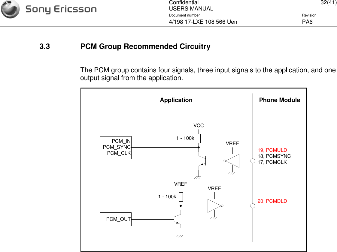 ConfidentialUSERS MANUAL 32(41)Document number Revision4/198 17-LXE 108 566 Uen PA63.3 PCM Group Recommended CircuitryThe PCM group contains four signals, three input signals to the application, and oneoutput signal from the application.VREF19, PCMULD18, PCMSYNC17, PCMCLK1 - 100kVCCPCM_INPCM_SYNCPCM_CLKVREF20, PCMDLD1 - 100kVREFPCM_OUTPhone ModuleApplication