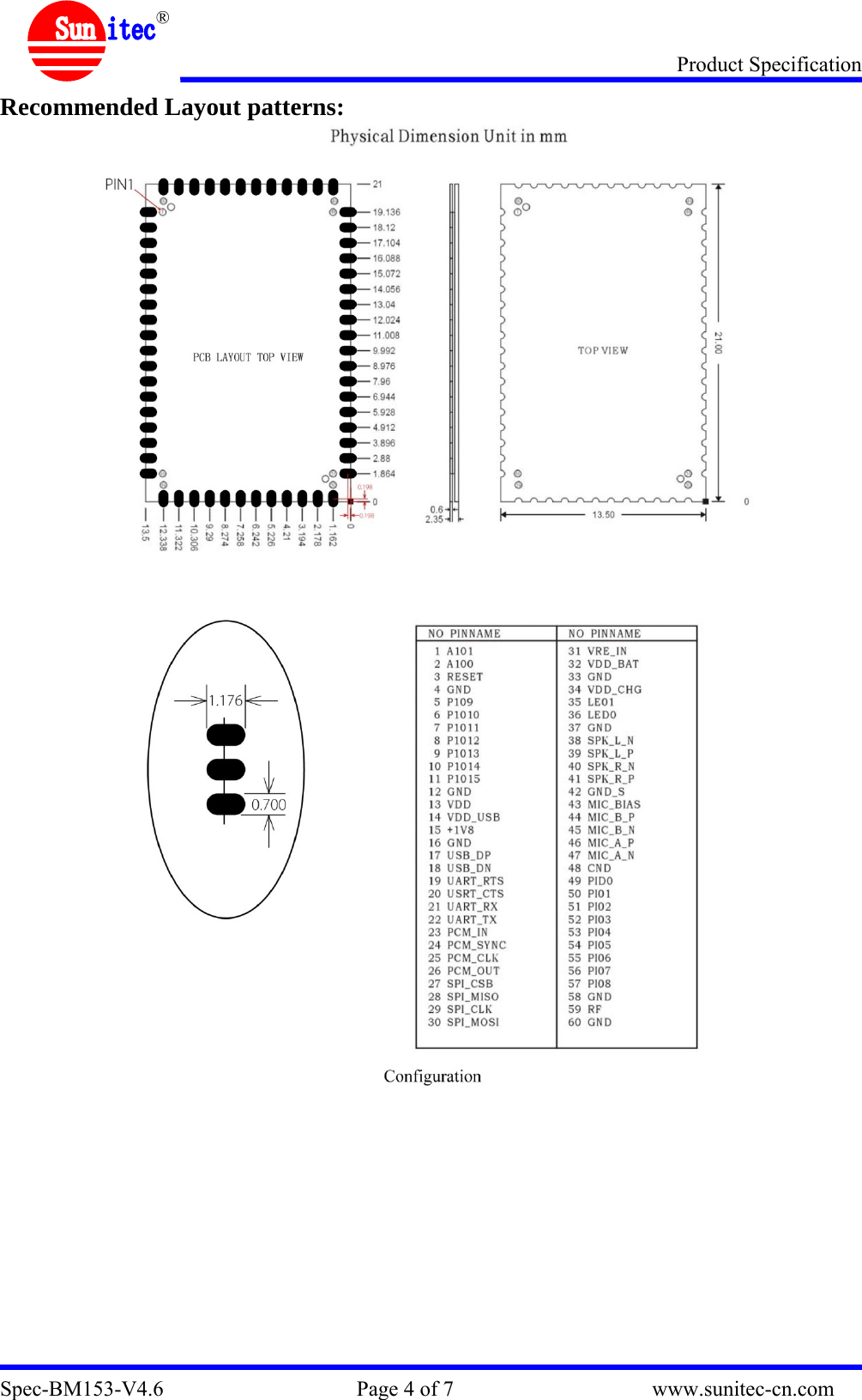 Product Specification Spec-BM153-V4.6                                    Page 4 of 7                                     www.sunitec-cn.com  &reg; Recommended Layout patterns:     