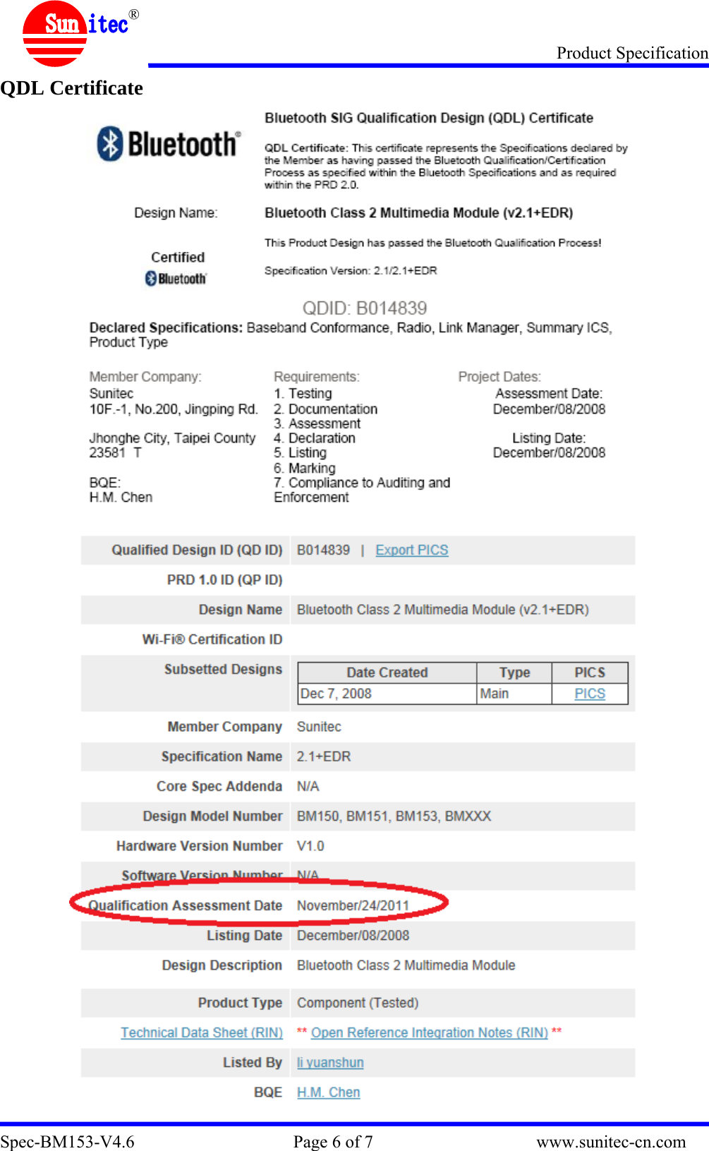 Product Specification Spec-BM153-V4.6                                    Page 6 of 7                                     www.sunitec-cn.com  &reg; QDL Certificate     