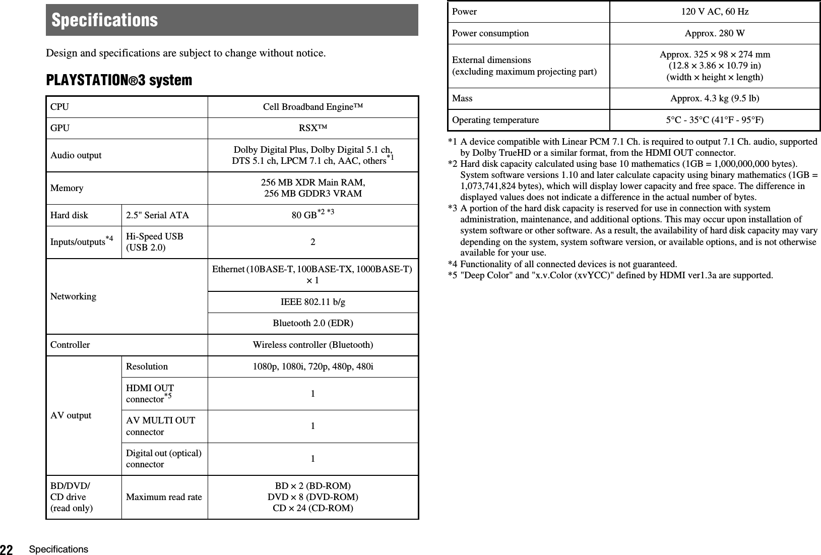 22 SpecificationsDesign and specifications are subject to change without notice.PLAYSTATION®3 system*1 A device compatible with Linear PCM 7.1 Ch. is required to output 7.1 Ch. audio, supported by Dolby TrueHD or a similar format, from the HDMI OUT connector.*2 Hard disk capacity calculated using base 10 mathematics (1GB = 1,000,000,000 bytes). System software versions 1.10 and later calculate capacity using binary mathematics (1GB = 1,073,741,824 bytes), which will display lower capacity and free space. The difference in displayed values does not indicate a difference in the actual number of bytes.*3 A portion of the hard disk capacity is reserved for use in connection with system administration, maintenance, and additional options. This may occur upon installation of system software or other software. As a result, the availability of hard disk capacity may vary depending on the system, system software version, or available options, and is not otherwise available for your use.*4 Functionality of all connected devices is not guaranteed.*5 &quot;Deep Color&quot; and &quot;x.v.Color (xvYCC)&quot; defined by HDMI ver1.3a are supported.SpecificationsCPU Cell Broadband Engine™GPU RSX™Audio output Dolby Digital Plus, Dolby Digital 5.1 ch, DTS 5.1 ch, LPCM 7.1 ch, AAC, others*1Memory 256 MB XDR Main RAM,256 MB GDDR3 VRAMHard disk 2.5&quot; Serial ATA 80 GB*2 *3Inputs/outputs*4 Hi-Speed USB (USB 2.0) 2NetworkingEthernet (10BASE-T, 100BASE-TX, 1000BASE-T) × 1IEEE 802.11 b/gBluetooth 2.0 (EDR)Controller Wireless controller (Bluetooth)AV outputResolution 1080p, 1080i, 720p, 480p, 480iHDMI OUT connector*5 1AV MULTI OUT connector 1Digital out (optical) connector 1BD/DVD/CD drive(read only)Maximum read rateBD × 2 (BD-ROM)DVD × 8 (DVD-ROM)CD × 24 (CD-ROM)Power 120 V AC, 60 HzPower consumption Approx. 280 WExternal dimensions(excluding maximum projecting part)Approx. 325 × 98 × 274 mm(12.8 × 3.86 × 10.79 in)(width × height × length)Mass Approx. 4.3 kg (9.5 lb)Operating temperature 5°C - 35°C (41°F - 95°F)