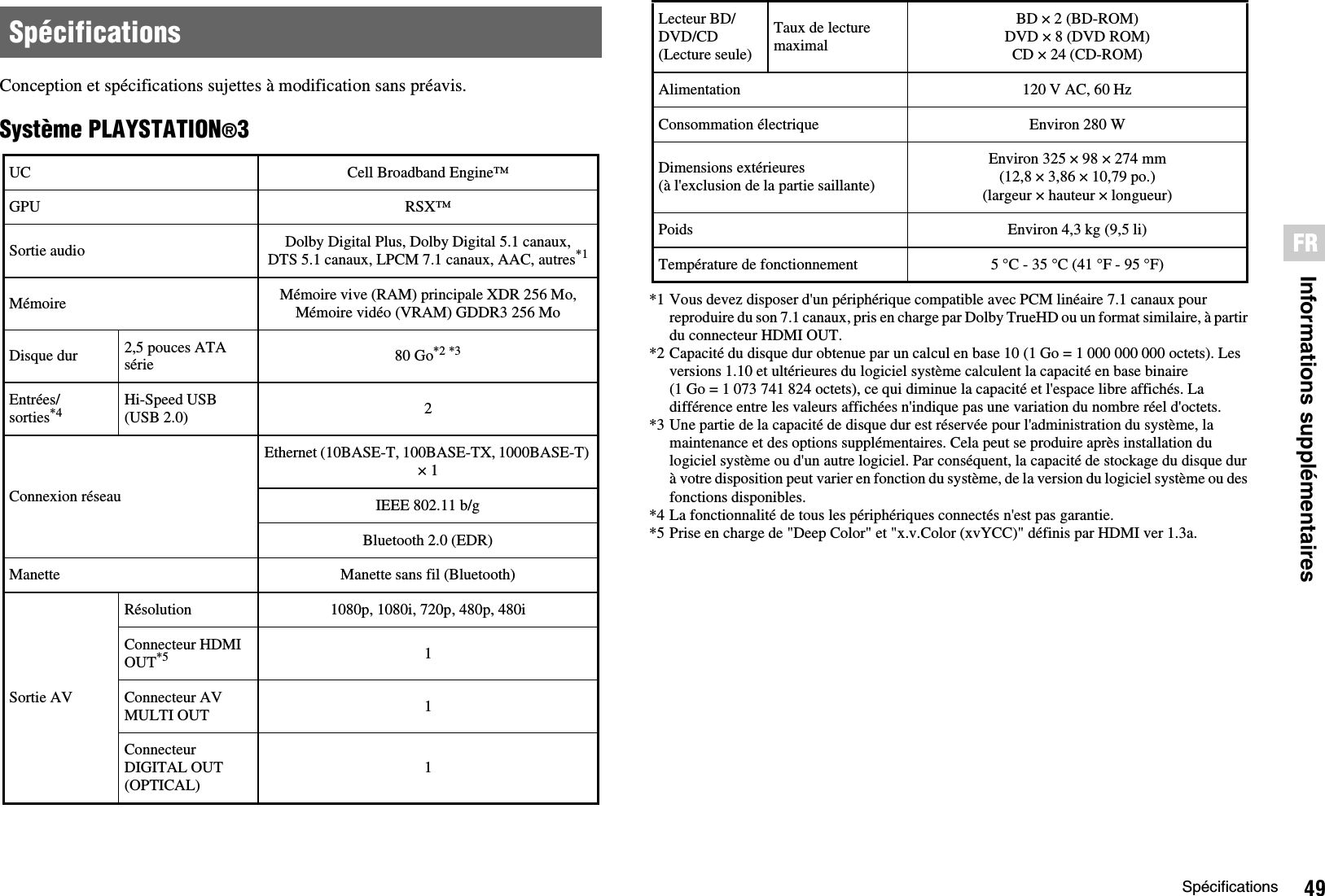 49SpécificationsInformations supplémentairesFRConception et spécifications sujettes à modification sans préavis.Système PLAYSTATION®3*1 Vous devez disposer d&apos;un périphérique compatible avec PCM linéaire 7.1 canaux pour reproduire du son 7.1 canaux, pris en charge par Dolby TrueHD ou un format similaire, à partir du connecteur HDMI OUT.*2 Capacité du disque dur obtenue par un calcul en base 10 (1 Go = 1 000 000 000 octets). Les versions 1.10 et ultérieures du logiciel système calculent la capacité en base binaire (1 Go = 1 073 741 824 octets), ce qui diminue la capacité et l&apos;espace libre affichés. La différence entre les valeurs affichées n&apos;indique pas une variation du nombre réel d&apos;octets.*3 Une partie de la capacité de disque dur est réservée pour l&apos;administration du système, la maintenance et des options supplémentaires. Cela peut se produire après installation du logiciel système ou d&apos;un autre logiciel. Par conséquent, la capacité de stockage du disque dur à votre disposition peut varier en fonction du système, de la version du logiciel système ou des fonctions disponibles.*4 La fonctionnalité de tous les périphériques connectés n&apos;est pas garantie.*5 Prise en charge de &quot;Deep Color&quot; et &quot;x.v.Color (xvYCC)&quot; définis par HDMI ver 1.3a.SpécificationsUC Cell Broadband Engine™GPU RSX™Sortie audio Dolby Digital Plus, Dolby Digital 5.1 canaux, DTS 5.1 canaux, LPCM 7.1 canaux, AAC, autres*1Mémoire Mémoire vive (RAM) principale XDR 256 Mo,Mémoire vidéo (VRAM) GDDR3 256 MoDisque dur 2,5 pouces ATA série 80 Go*2 *3Entrées/sorties*4 Hi-Speed USB (USB 2.0) 2Connexion réseauEthernet (10BASE-T, 100BASE-TX, 1000BASE-T) × 1IEEE 802.11 b/gBluetooth 2.0 (EDR)Manette Manette sans fil (Bluetooth)Sortie AVRésolution 1080p, 1080i, 720p, 480p, 480iConnecteur HDMI OUT*5 1Connecteur AV MULTI OUT 1ConnecteurDIGITAL OUT (OPTICAL)1Lecteur BD/DVD/CD(Lecture seule)Taux de lecture maximalBD × 2 (BD-ROM)DVD × 8 (DVD ROM)CD × 24 (CD-ROM)Alimentation 120 V AC, 60 HzConsommation électrique Environ 280 WDimensions extérieures (à l&apos;exclusion de la partie saillante)Environ 325 × 98 × 274 mm(12,8 × 3,86 × 10,79 po.)(largeur × hauteur × longueur)Poids Environ 4,3 kg (9,5 li)Température de fonctionnement 5 °C - 35 °C (41 °F - 95 °F)