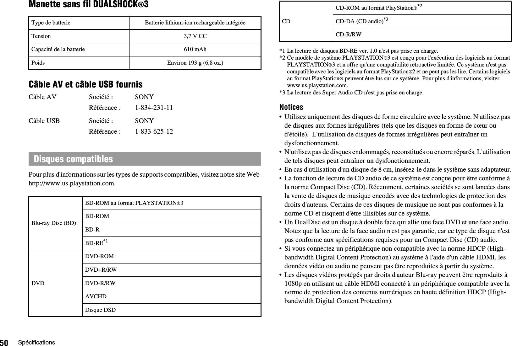 50 SpécificationsManette sans fil DUALSHOCK®3Câble AV et câble USB fournisPour plus d&apos;informations sur les types de supports compatibles, visitez notre site Web http://www.us.playstation.com.*1 La lecture de disques BD-RE ver. 1.0 n&apos;est pas prise en charge.*2 Ce modèle de système PLAYSTATION®3 est conçu pour l&apos;exécution des logiciels au format PLAYSTATION®3 et n&apos;offre qu&apos;une compatibilité rétroactive limitée. Ce système n&apos;est pas compatible avec les logiciels au format PlayStation®2 et ne peut pas les lire. Certains logiciels au format PlayStation® peuvent être lus sur ce système. Pour plus d&apos;informations, visiter www.us.playstation.com.*3 La lecture des Super Audio CD n&apos;est pas prise en charge.Notices• Utilisez uniquement des disques de forme circulaire avec le système. N&apos;utilisez pas de disques aux formes irrégulières (tels que les disques en forme de cœur ou d&apos;étoile).  L&apos;utilisation de disques de formes irrégulières peut entraîner un dysfonctionnement.• N&apos;utilisez pas de disques endommagés, reconstitués ou encore réparés. L&apos;utilisation de tels disques peut entraîner un dysfonctionnement.• En cas d&apos;utilisation d&apos;un disque de 8 cm, insérez-le dans le système sans adaptateur.• La fonction de lecture de CD audio de ce système est conçue pour être conforme à la norme Compact Disc (CD). Récemment, certaines sociétés se sont lancées dans la vente de disques de musique encodés avec des technologies de protection des droits d&apos;auteurs. Certains de ces disques de musique ne sont pas conformes à la norme CD et risquent d&apos;être illisibles sur ce système.• Un DualDisc est un disque à double face qui allie une face DVD et une face audio. Notez que la lecture de la face audio n&apos;est pas garantie, car ce type de disque n&apos;est pas conforme aux spécifications requises pour un Compact Disc (CD) audio.• Si vous connectez un périphérique non compatible avec la norme HDCP (High-bandwidth Digital Content Protection) au système à l&apos;aide d&apos;un câble HDMI, les données vidéo ou audio ne peuvent pas être reproduites à partir du système.• Les disques vidéos protégés par droits d&apos;auteur Blu-ray peuvent être reproduits à 1080p en utilisant un câble HDMI connecté à un périphérique compatible avec la norme de protection des contenus numériques en haute définition HDCP (High-bandwidth Digital Content Protection).Type de batterie Batterie lithium-ion rechargeable intégréeTension 3,7 V CCCapacité de la batterie 610 mAhPoids Environ 193 g (6,8 oz.)Câble AV Société : SONYRéférence : 1-834-231-11Câble USB Société : SONYRéférence : 1-833-625-12Disques compatiblesBlu-ray Disc (BD)BD-ROM au format PLAYSTATION®3BD-ROMBD-RBD-RE*1DVDDVD-ROMDVD+R/RWDVD-R/RWAVCHDDisque DSDCDCD-ROM au format PlayStation®*2CD-DA (CD audio)*3CD-R/RW