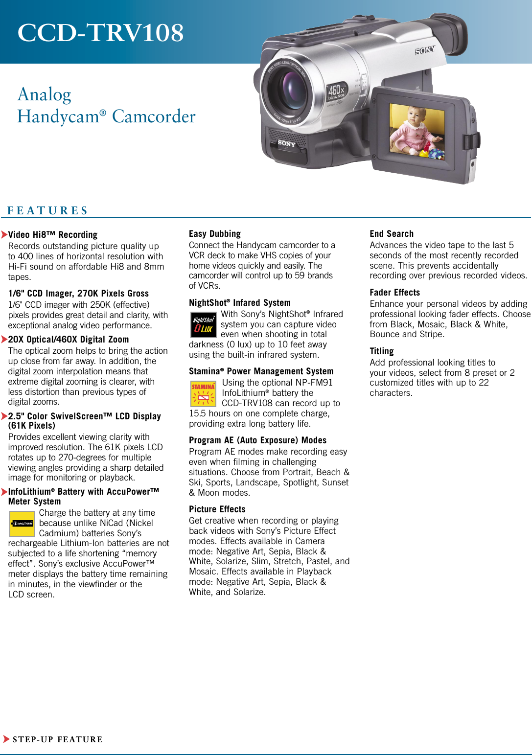 Page 1 of 2 - Sony CCD-TRV108 Son 904; 1 Sec 2-5 User Manual Marketing Specifications Ccdtrv108 Sp