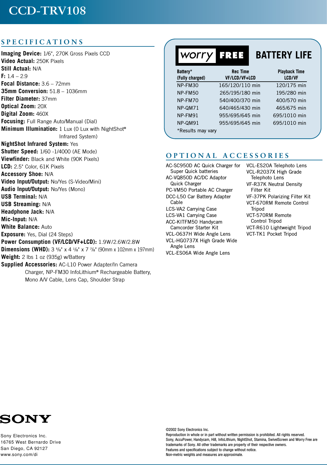 Page 2 of 2 - Sony CCD-TRV108 Son 904; 1 Sec 2-5 User Manual Marketing Specifications Ccdtrv108 Sp