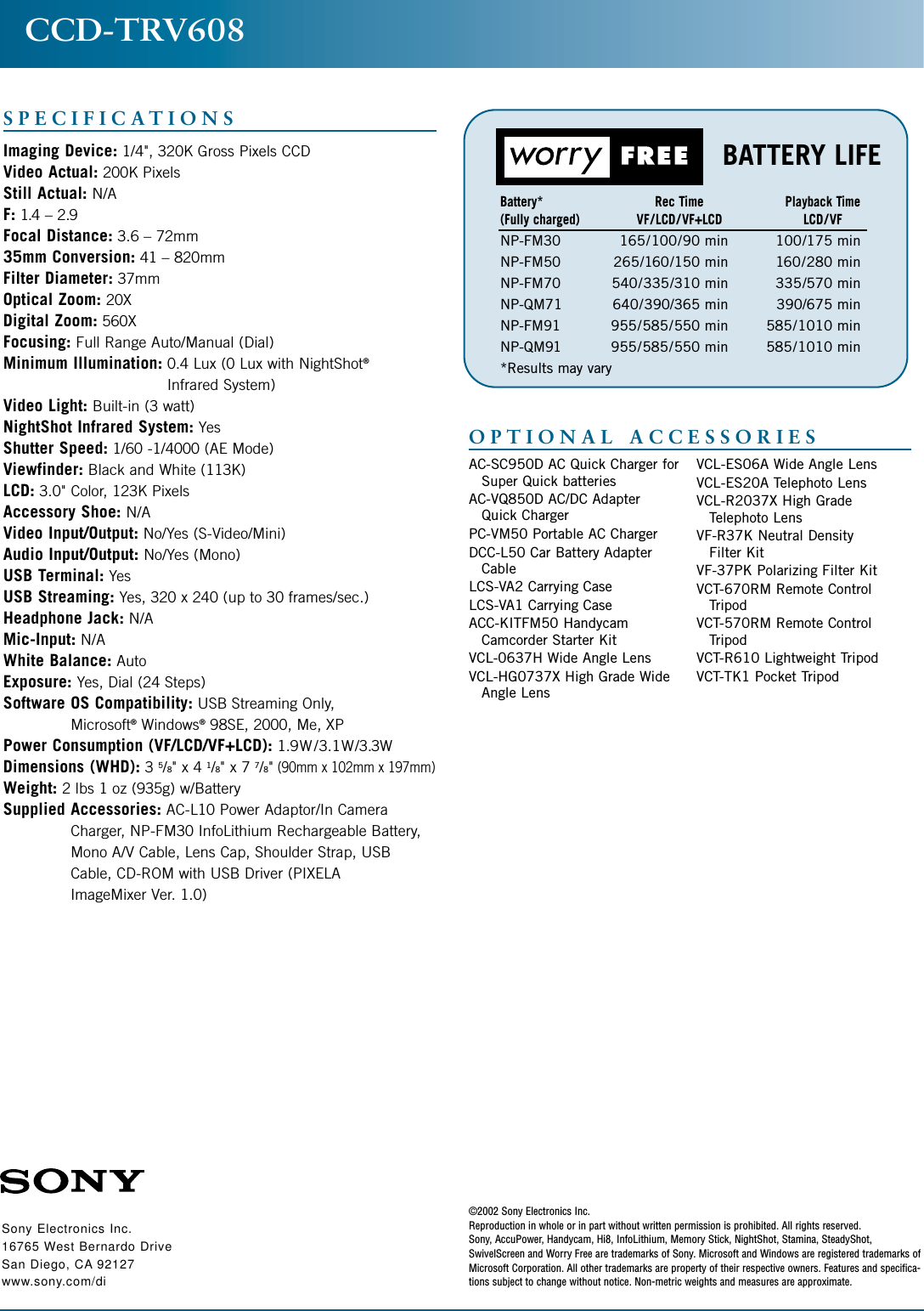 Page 2 of 2 - Sony CCD-TRV608 Son 904; 1 Sec 2-5 User Manual Marketing Specifications CCDTRV608 Sp