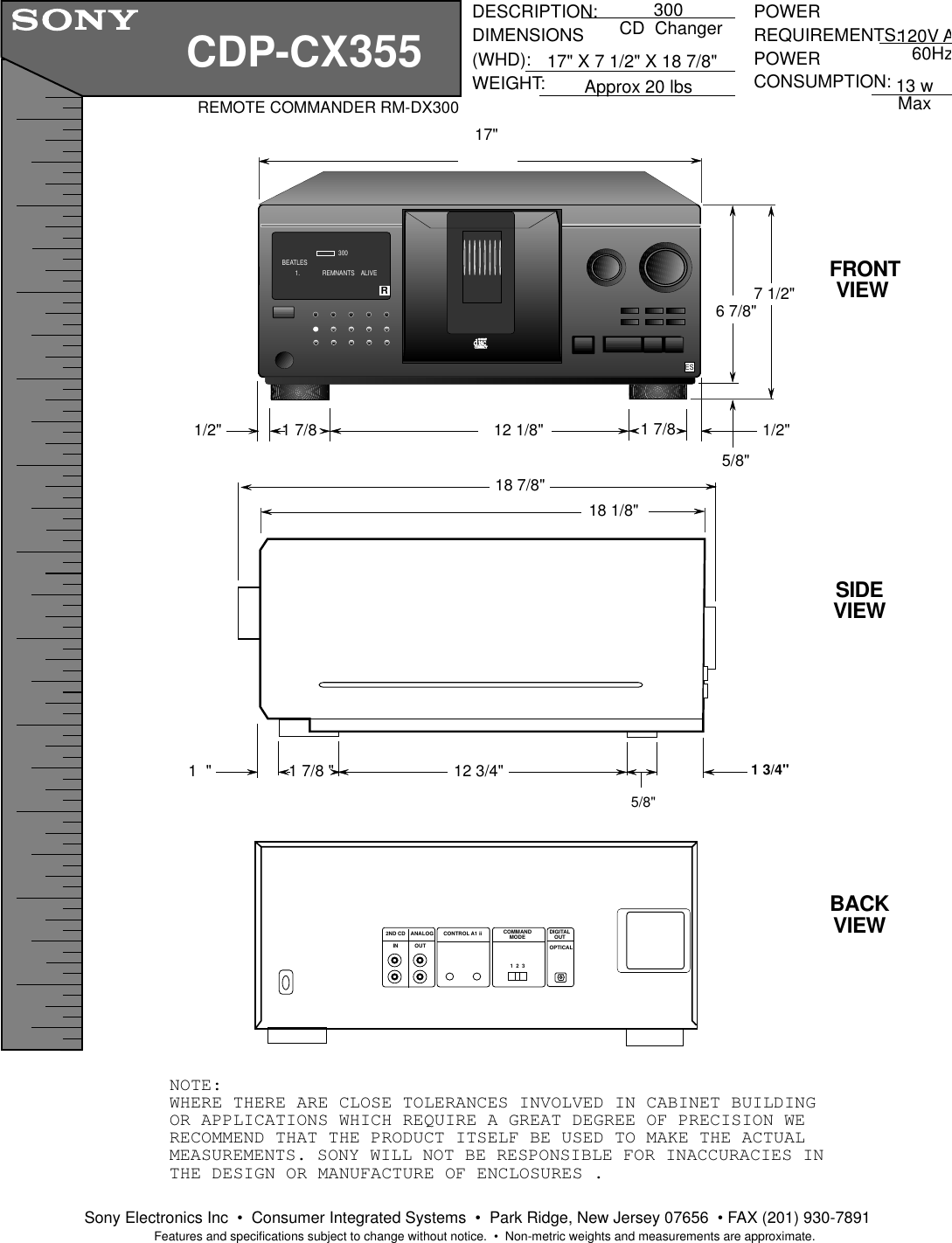 Page 1 of 1 - Sony CDP-CX355 User Manual Dimensions & Rear Panel Diagram CDPCX355diagram