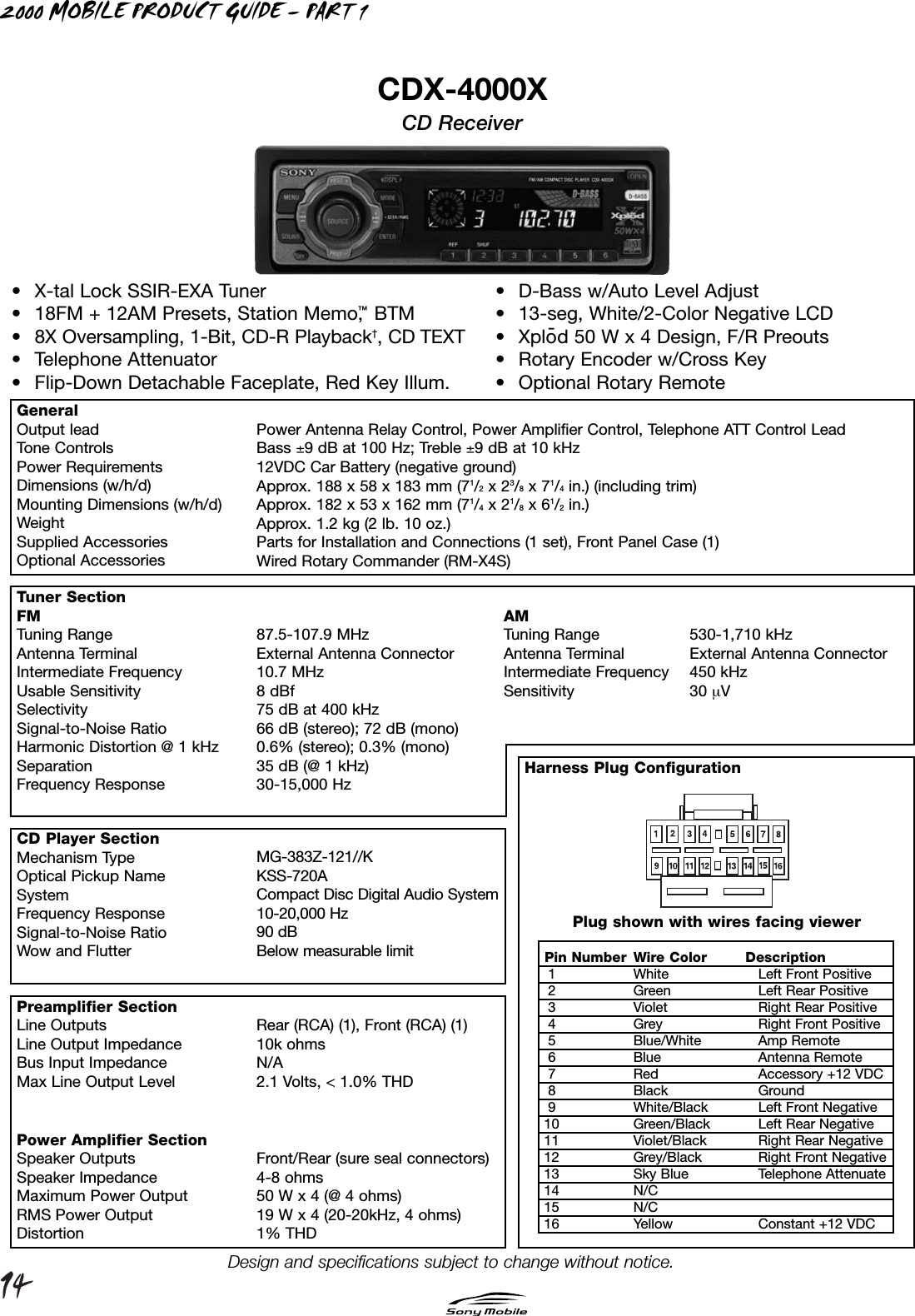 Page 1 of 2 - Sony CDX-4000X 90226A ME Product Guide P1Ver4 User Manual / Specifications Spec Sheet