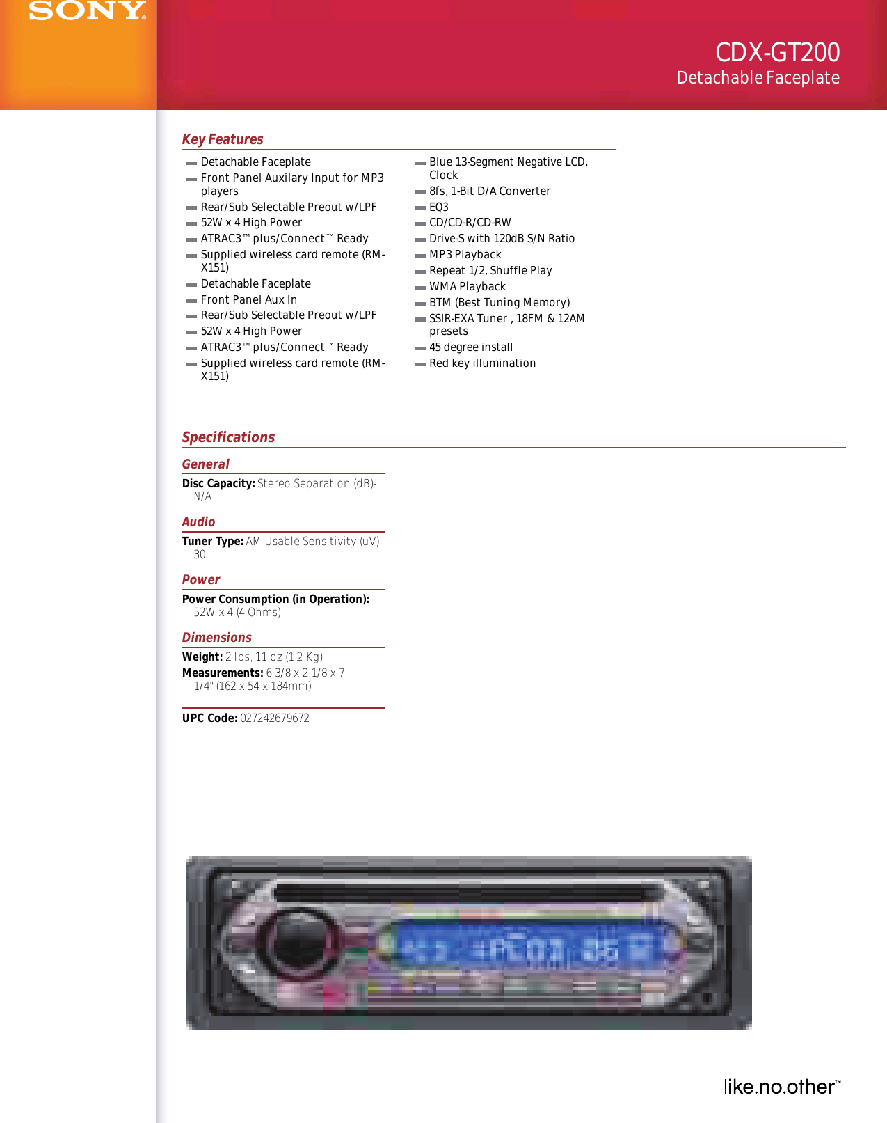 Page 1 of 2 - Sony CDX-GT200 User Manual Marketing Specifications CDXGT200 Mksp