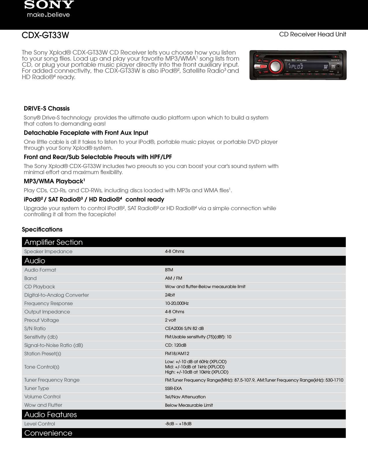 Page 1 of 3 - Sony CDX-GT33W User Manual Marketing Specifications CDXGT33W Mksp