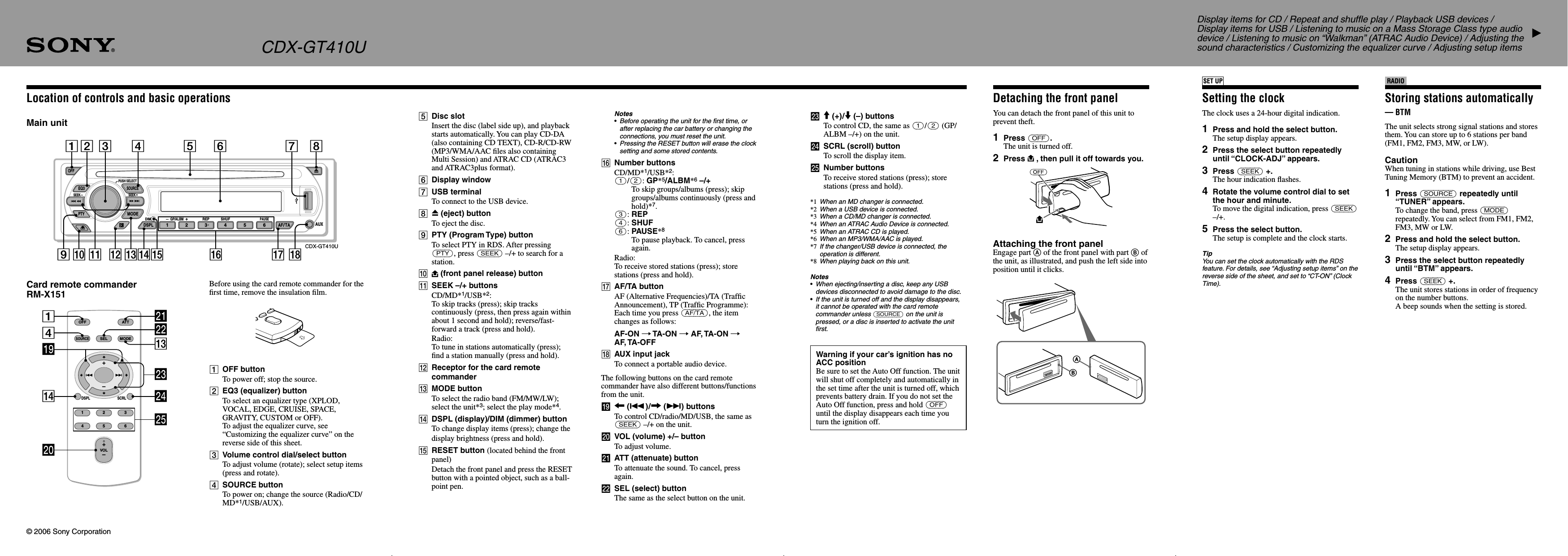 Page 1 of 2 - Sony CDX-GT410U User Manual Location Of Controls And Basic Operation CDXGT410U