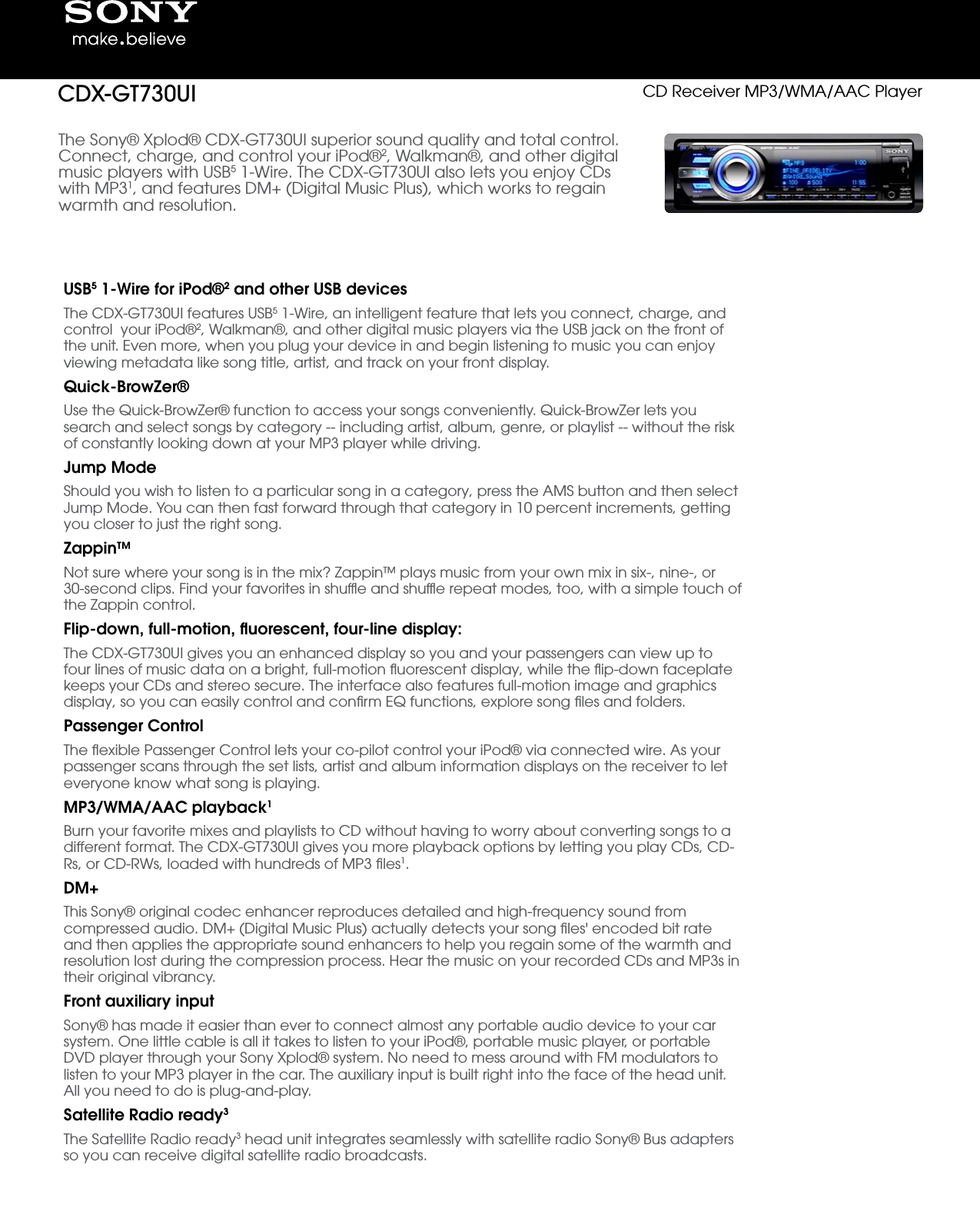 Page 1 of 4 - Sony CDX-GT730UI User Manual Marketing Specifications CDXGT730UI Mksp