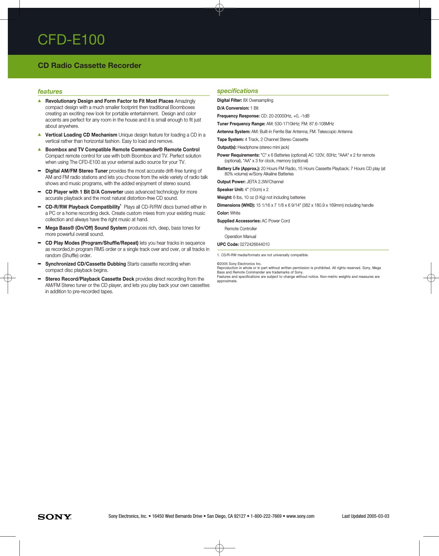 Page 2 of 2 - Sony CFD-E100 User Manual Marketing Specifications CFDE100 Mksp