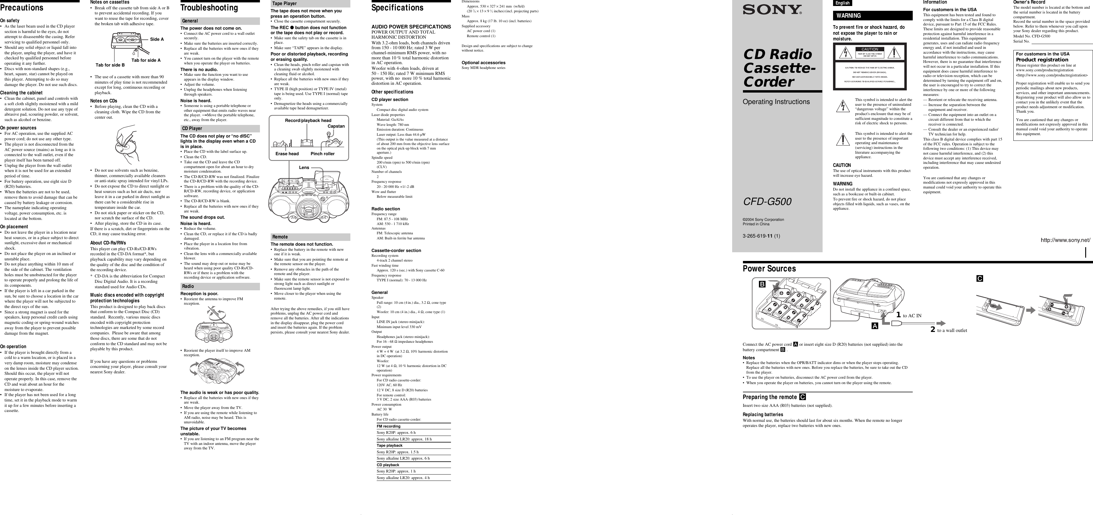 Page 1 of 2 - Sony CFD-G500 User Manual Operating Instructions CFDG500