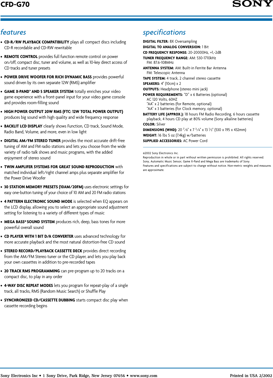 Page 2 of 2 - Sony CFD-G70 SON 907; User Manual Marketing Specifications CFDG70 Sp