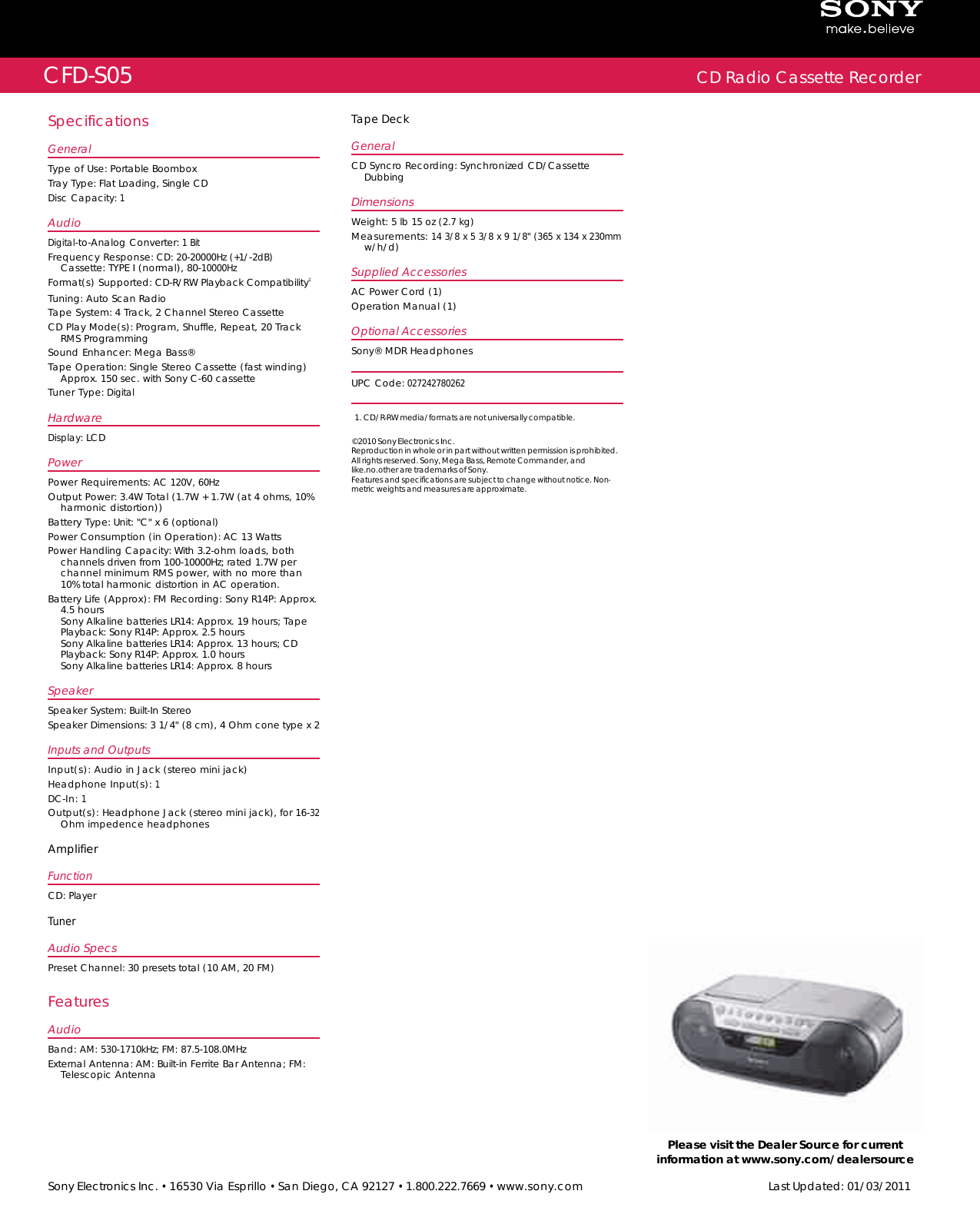 Sony CFD S05 User Manual Marketing Specifications CFDS05 Mksp