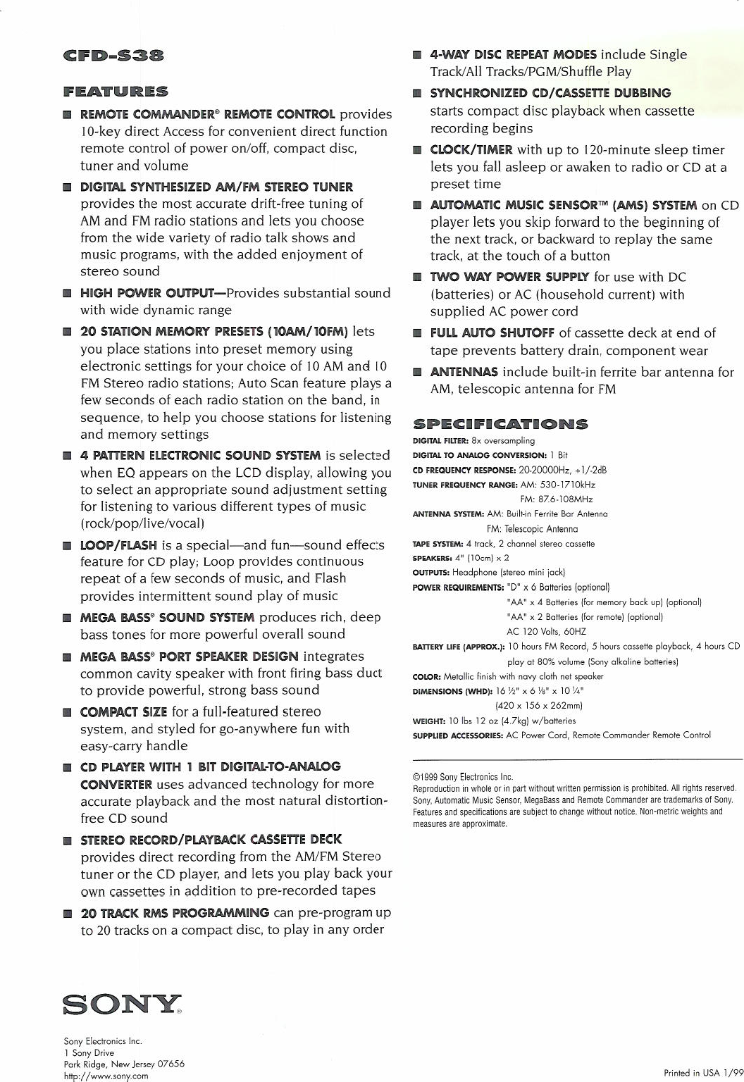 Page 2 of 2 - Sony CFD-S38 User Manual Specifications CFDS38 Specs