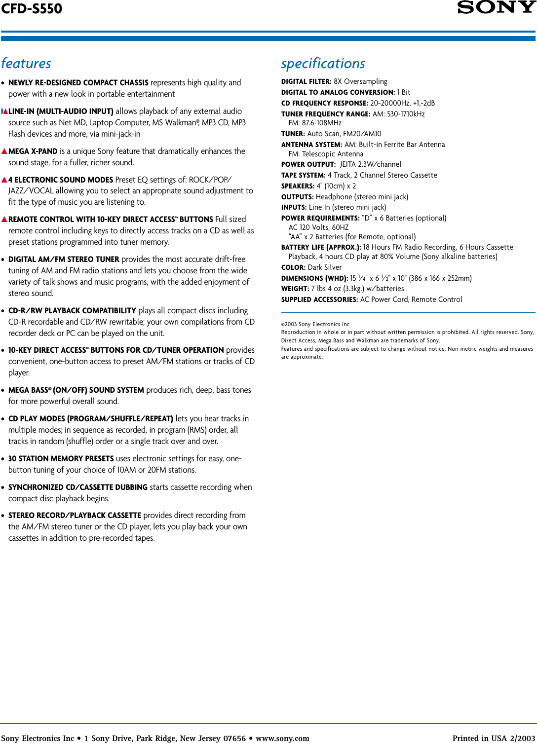 Page 2 of 2 - Sony CFD-S550 SON 947; User Manual Marketing Specifications CFDS550 Mksp