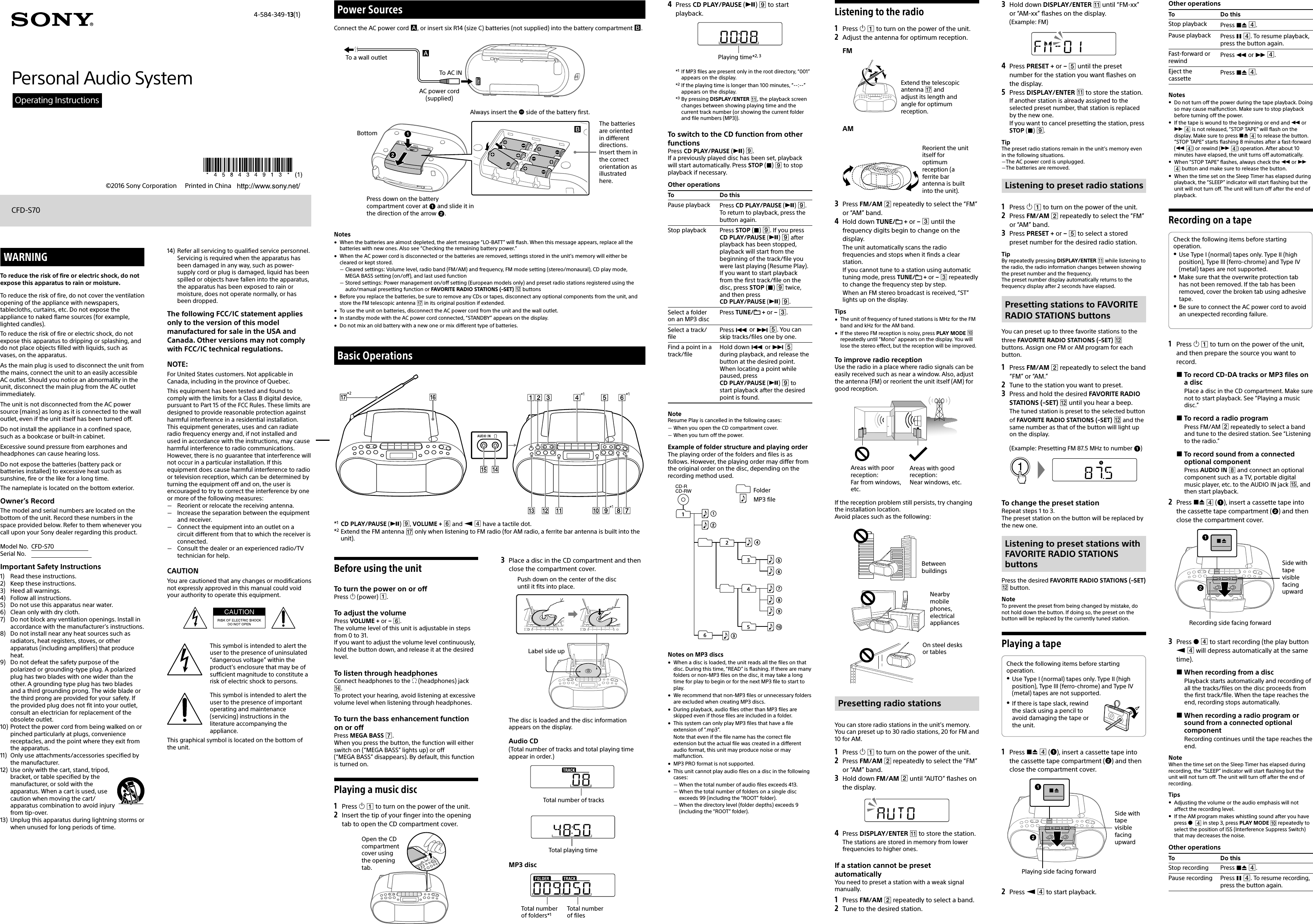 Page 1 of 2 - Sony CFD-S70 User Manual Operating Instructions 4584349131