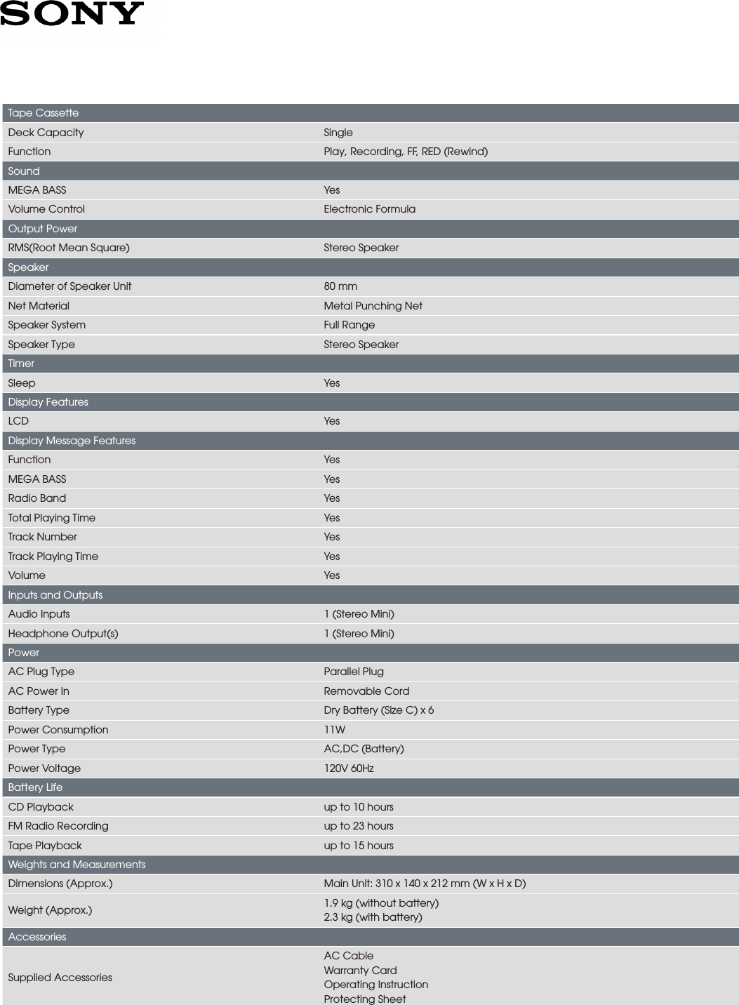 Page 2 of 3 - Sony CFD-S70 User Manual Marketing Specification CFDS70BLK Mksp