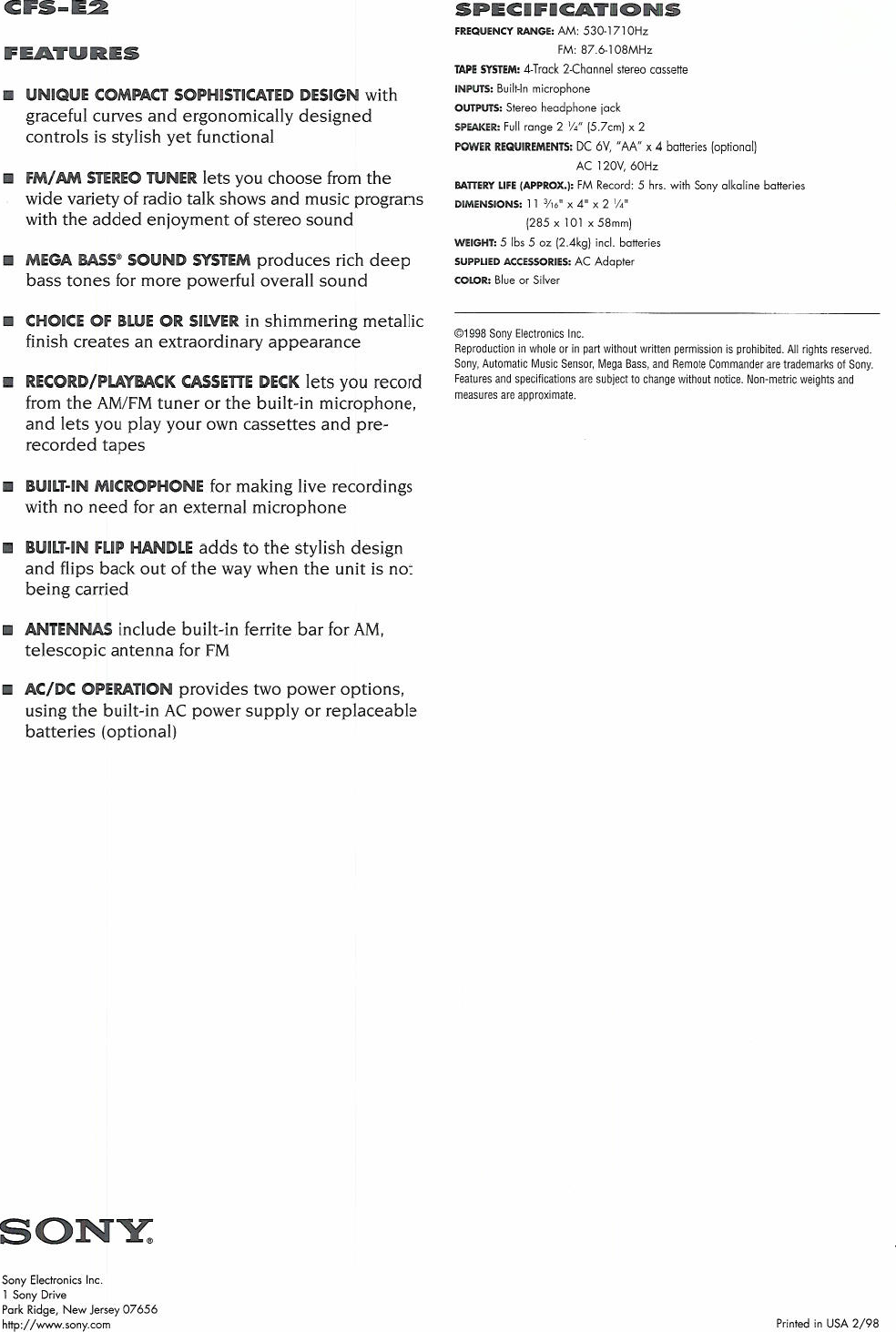 Page 2 of 2 - Sony CFS-E2 User Manual Marketing Specifications CFSE2 Specs