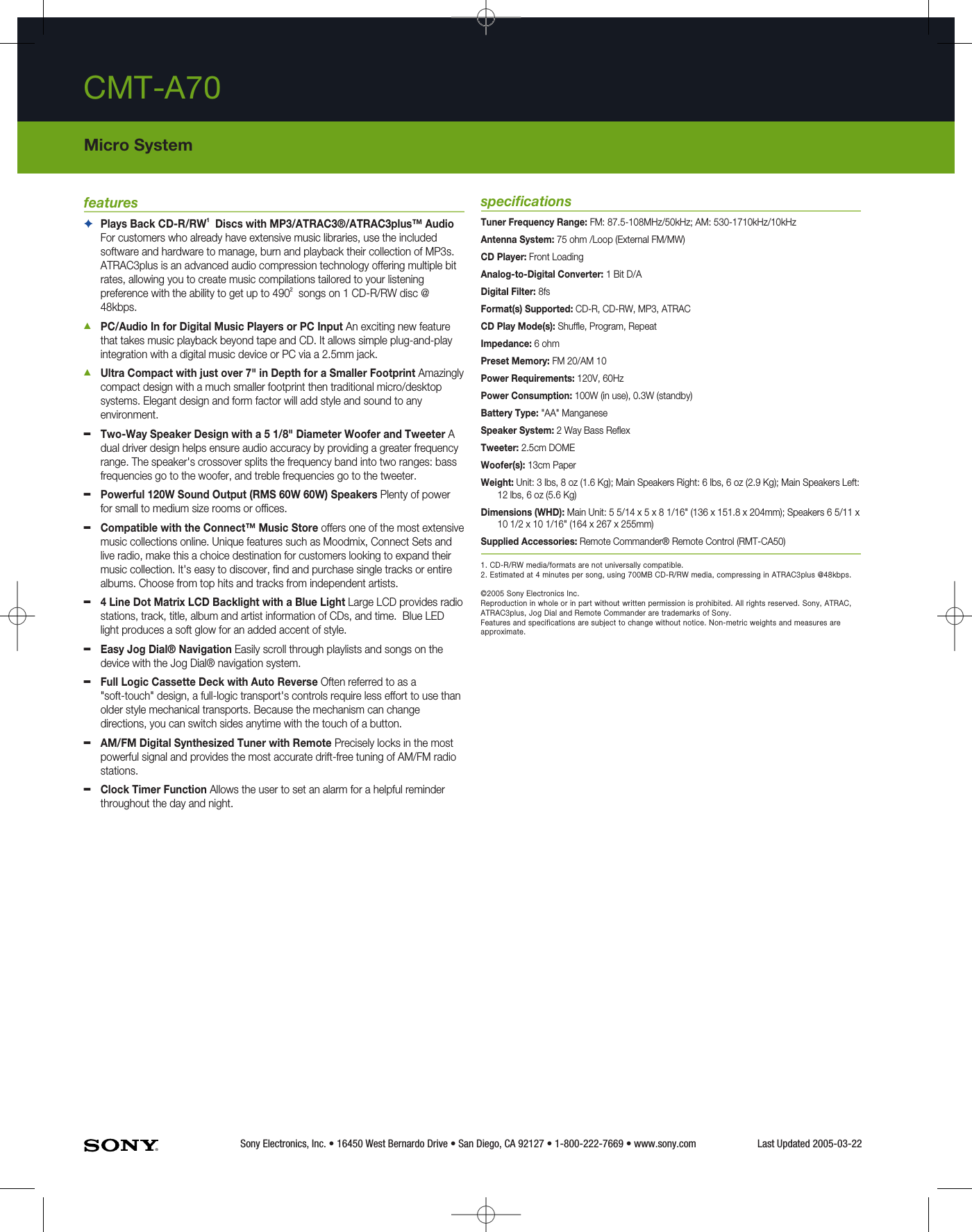 Page 2 of 2 - Sony CMT-A70 User Manual Marketing Specifications CMTA70 Mksp