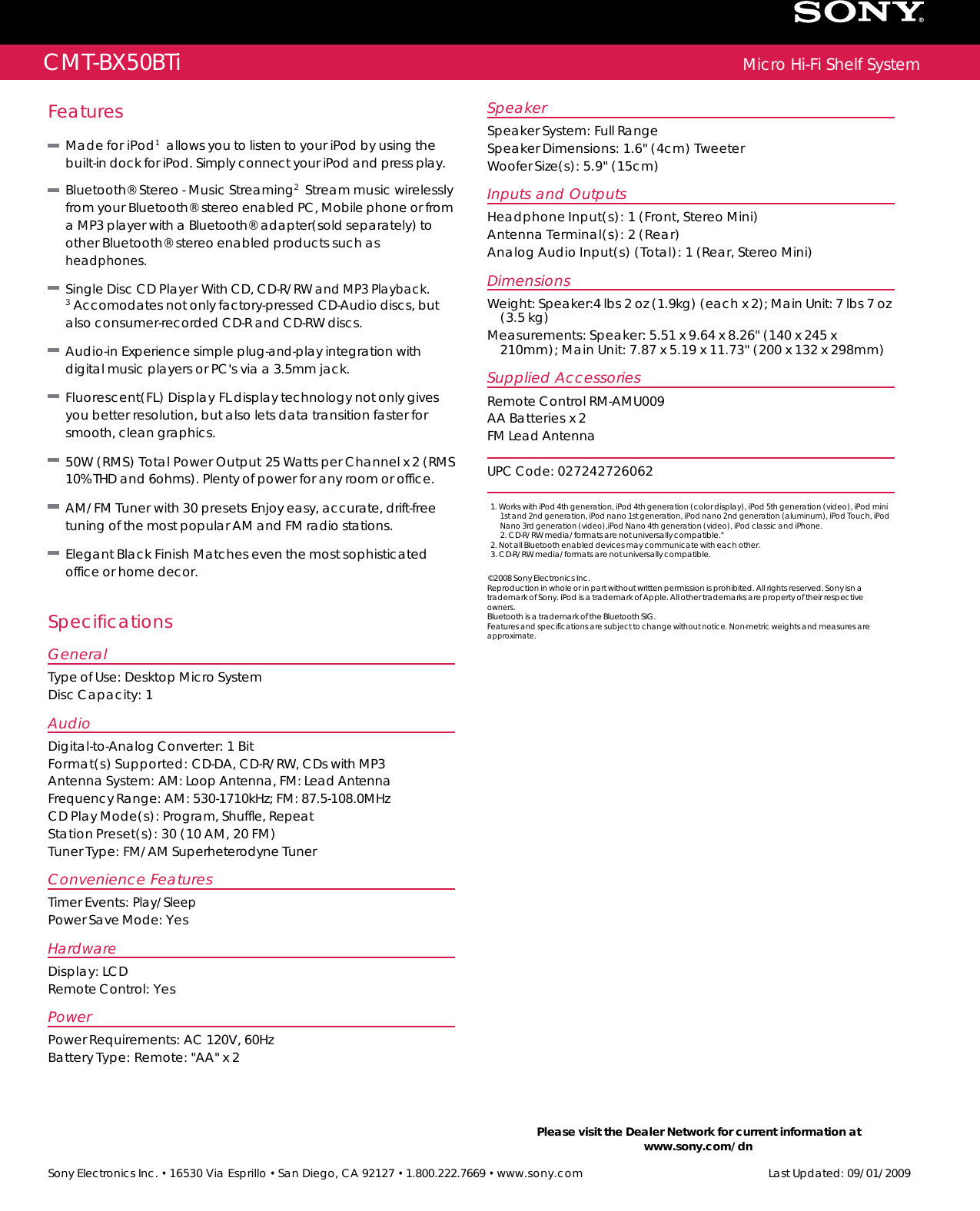 Sony CMT BX50BTi User Manual Marketing Specifications CMTBX50BTI Mksp