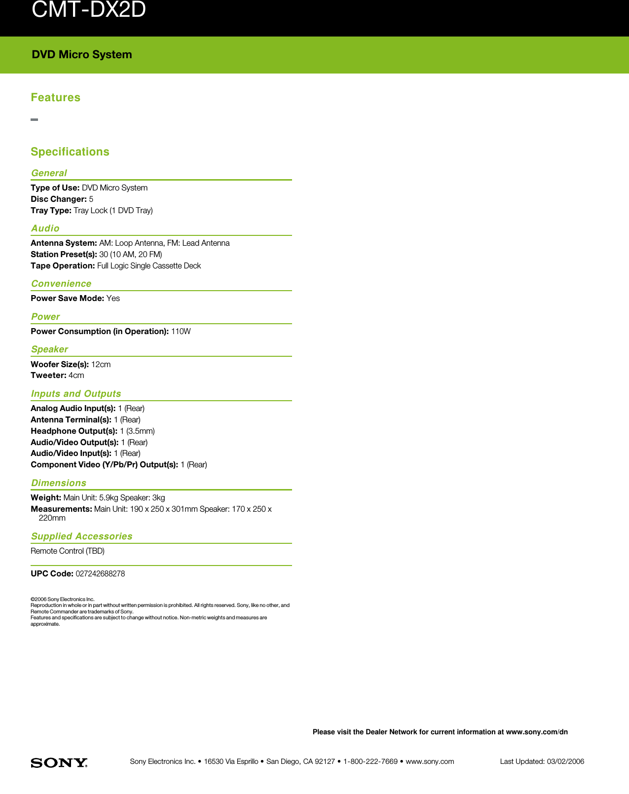 Page 2 of 2 - Sony CMT-DX2D User Manual Marketing Specifications CMTDX2D Specs