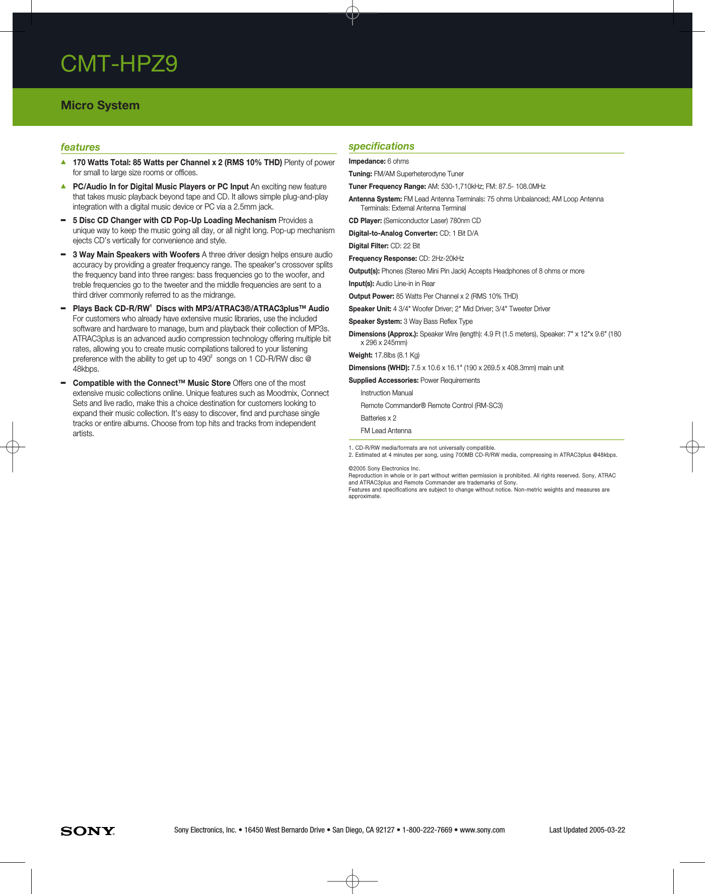 Page 2 of 2 - Sony CMT-HPZ9 User Manual Marketing Specifications Specs