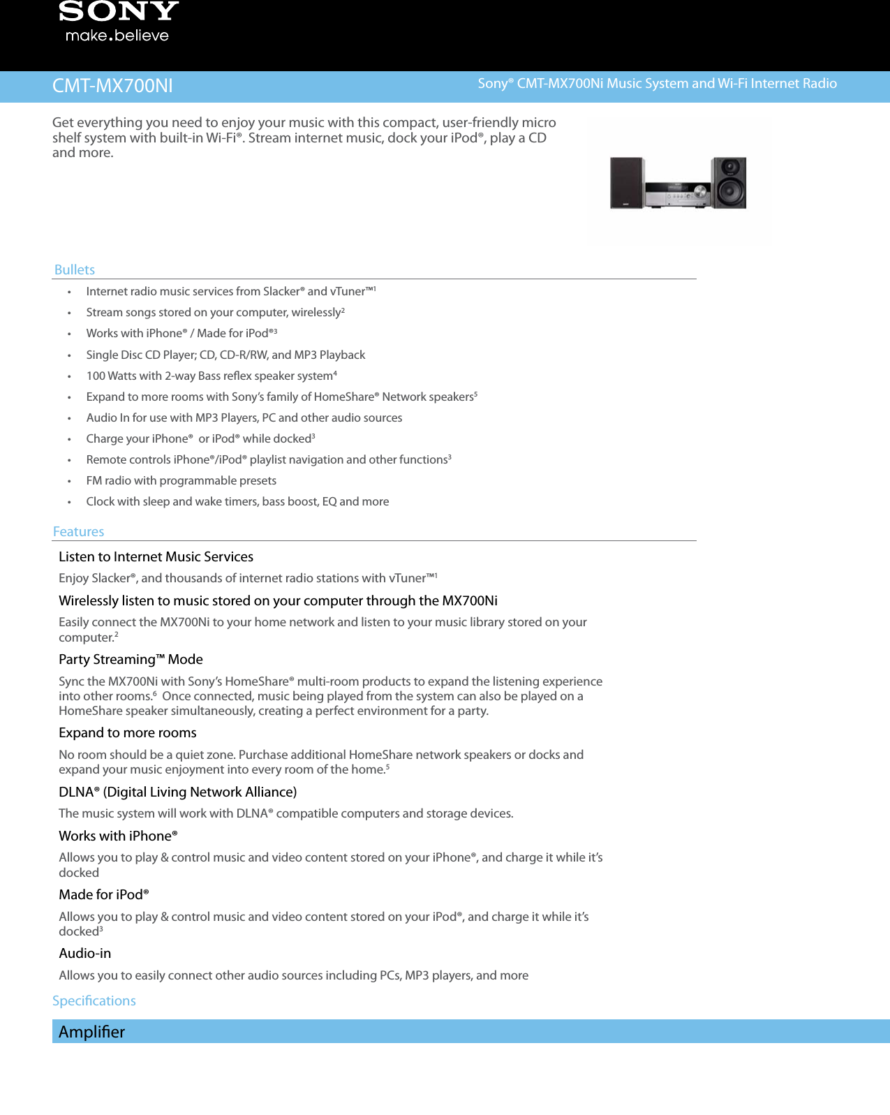 Page 1 of 5 - Sony CMT-MX700Ni User Manual Marketing Specifications CMTMX700NI Mksp