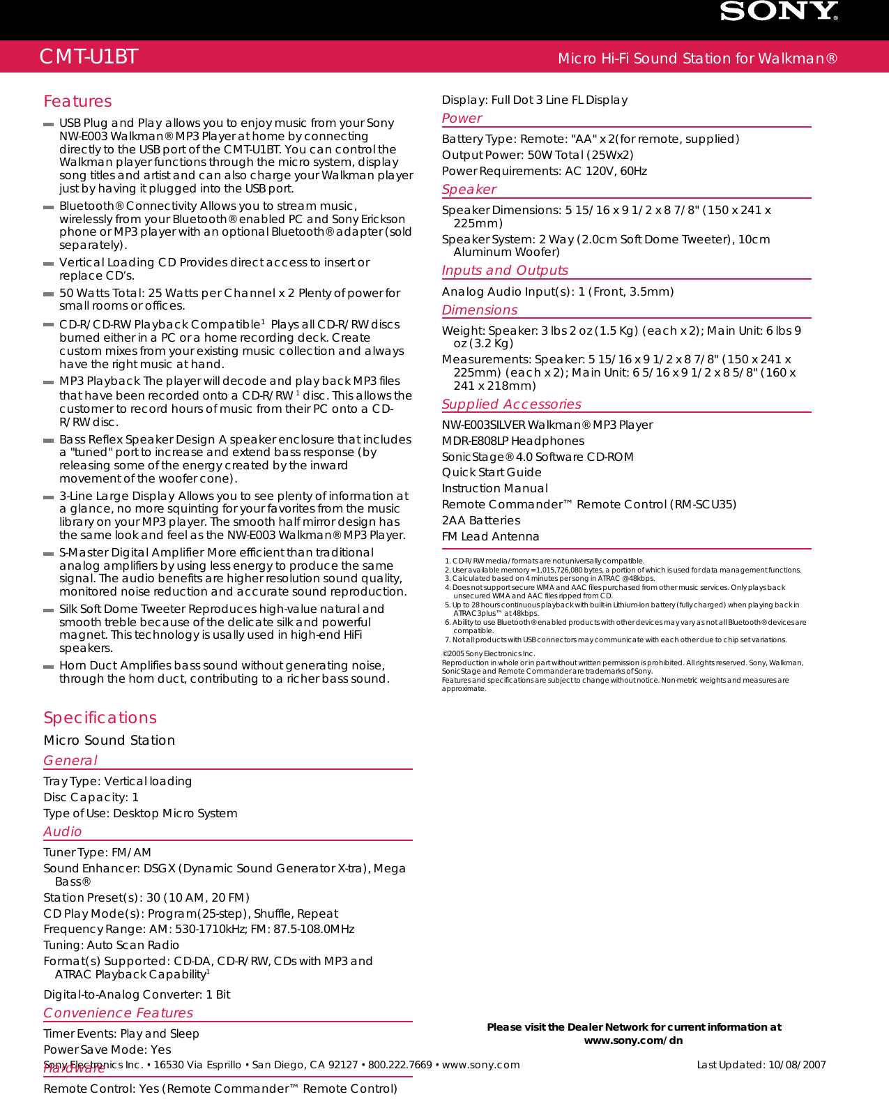 Page 2 of 2 - Sony CMT-U1BT User Manual Marketing Specifications CMTU1BT Mksp