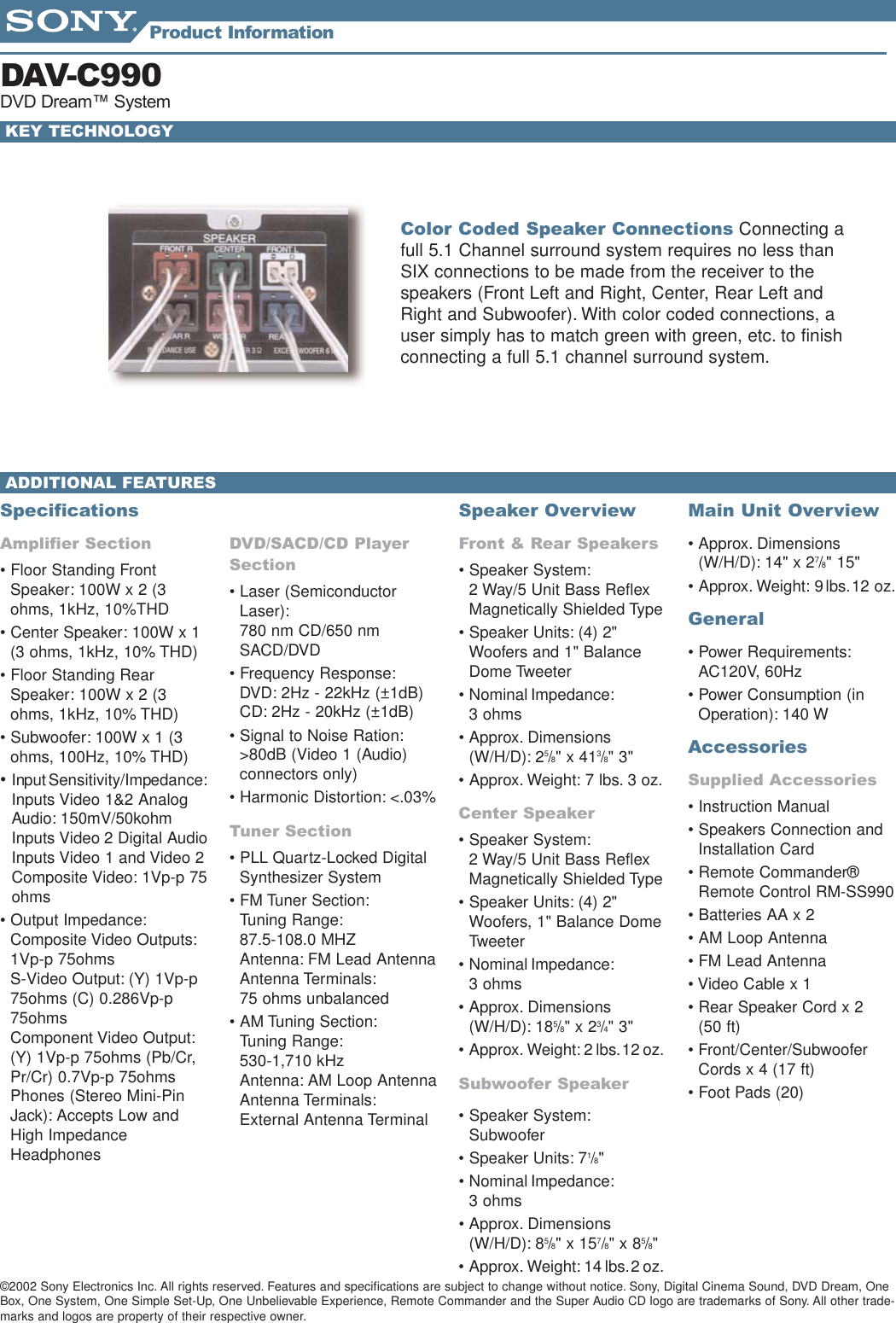 Page 2 of 2 - Sony DAV-C990 DVDdream_Info_Sheets_1 User Manual Marketing Specifications DAVC990spec