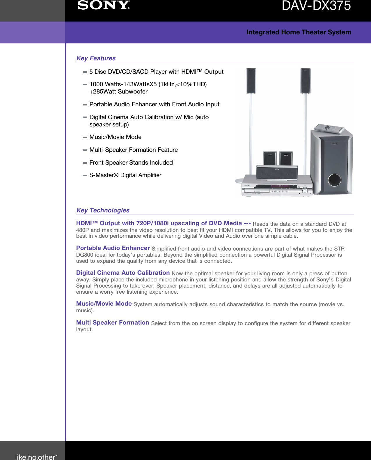 Page 1 of 2 - Sony DAV-DX375 User Manual Marketing Specifications DAVDX375 Specs
