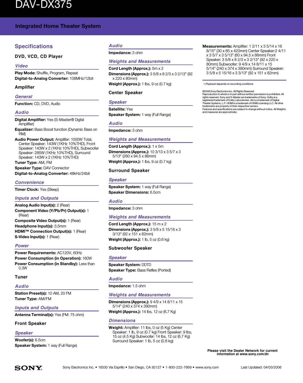 Page 2 of 2 - Sony DAV-DX375 User Manual Marketing Specifications DAVDX375 Specs