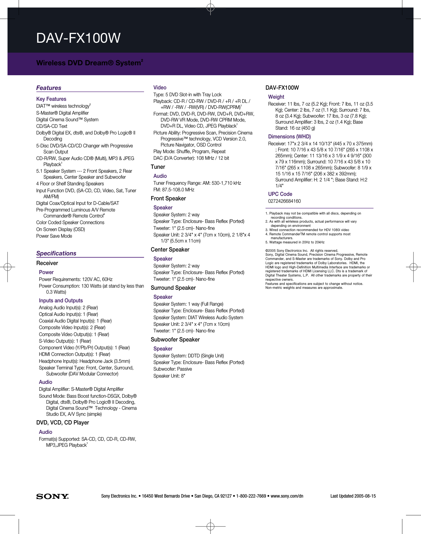 Page 2 of 2 - Sony DAV-FX100W User Manual Marketing Specifications DAVFX100W Specs