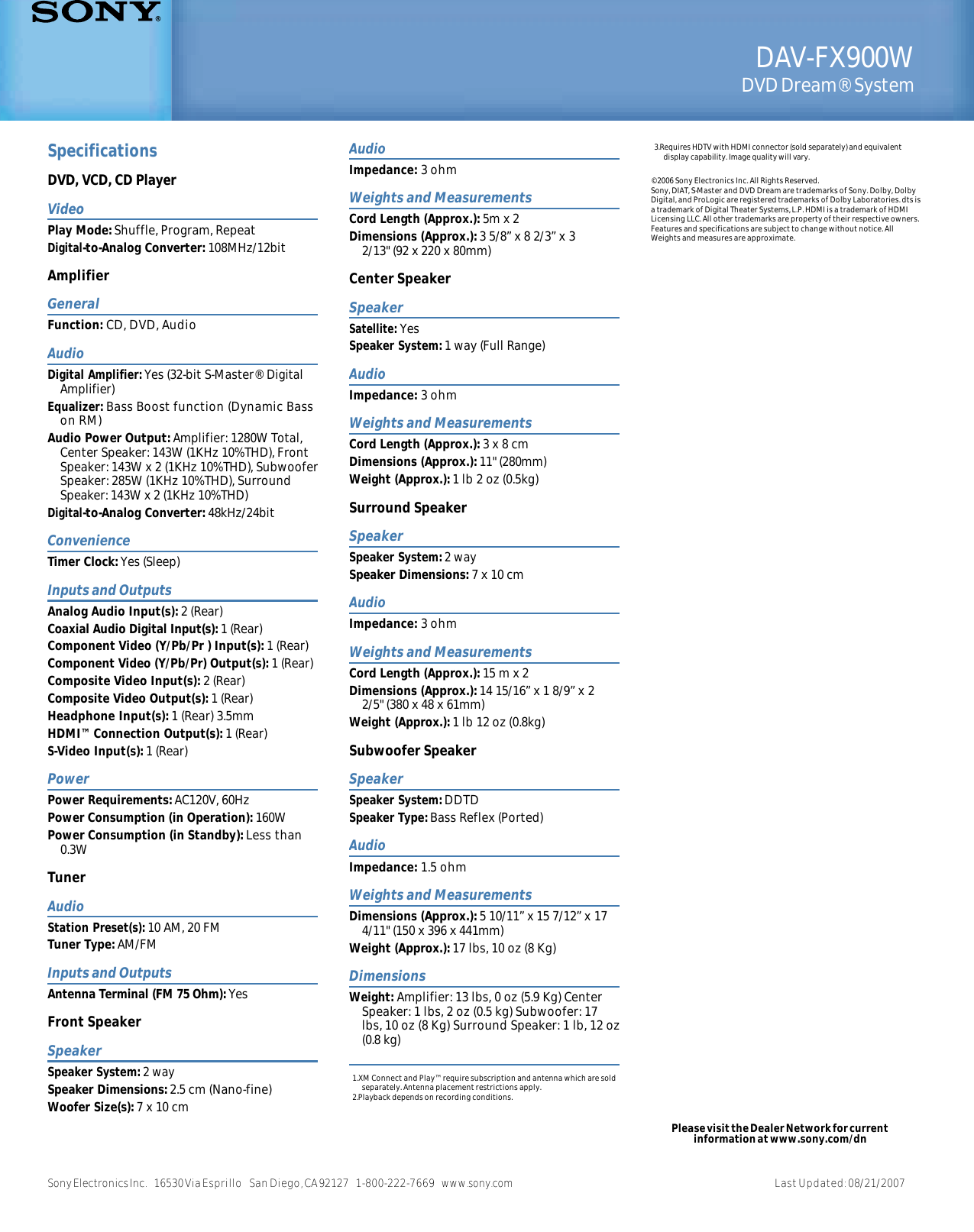 Page 2 of 2 - Sony DAV-FX900W User Manual Marketing Specifications DAVFX900W Mksp