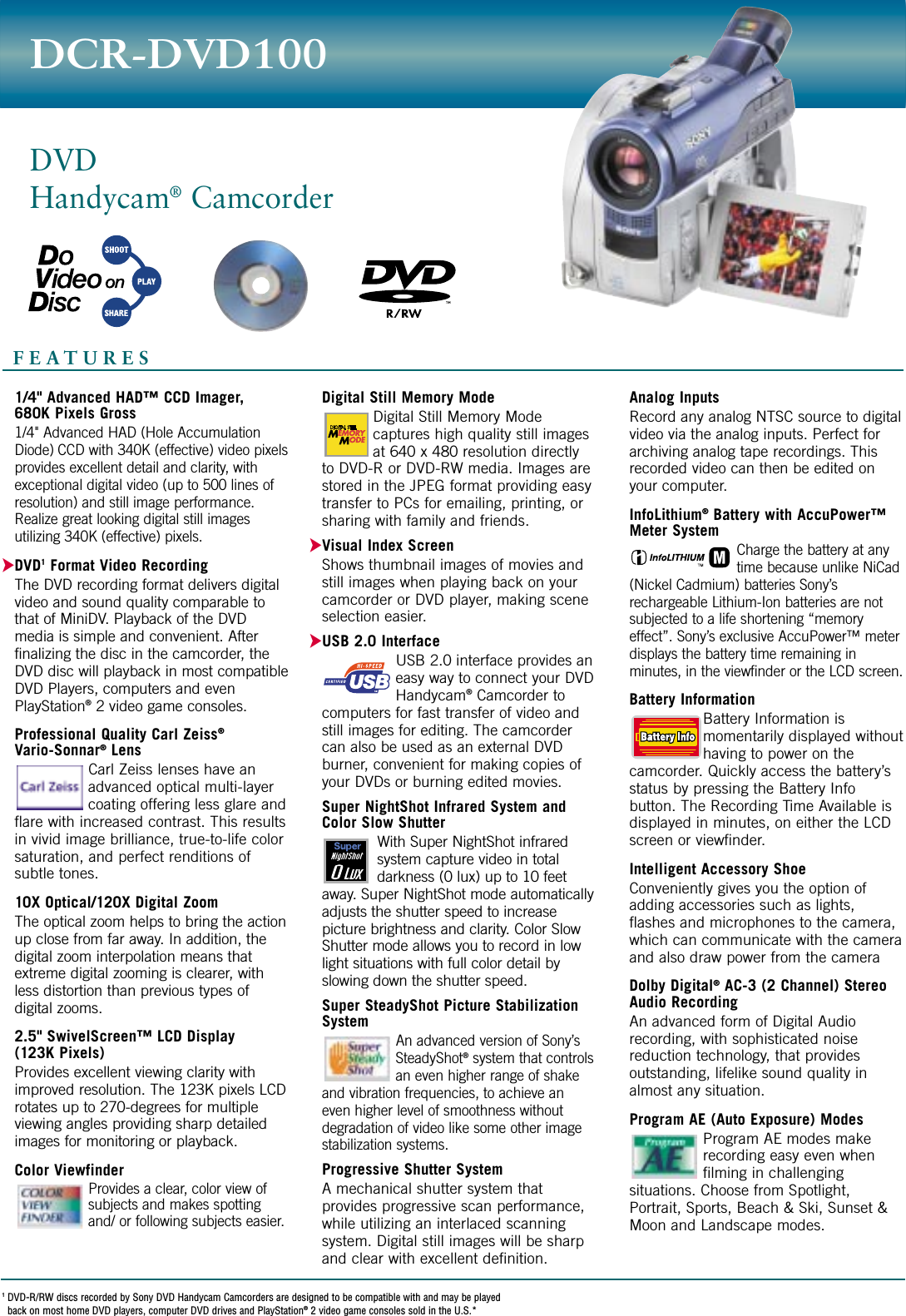 Page 1 of 2 - Sony DCR-DVD100 SON 965; Book User Manual Marketing Specifications DCRDVD100 Sp