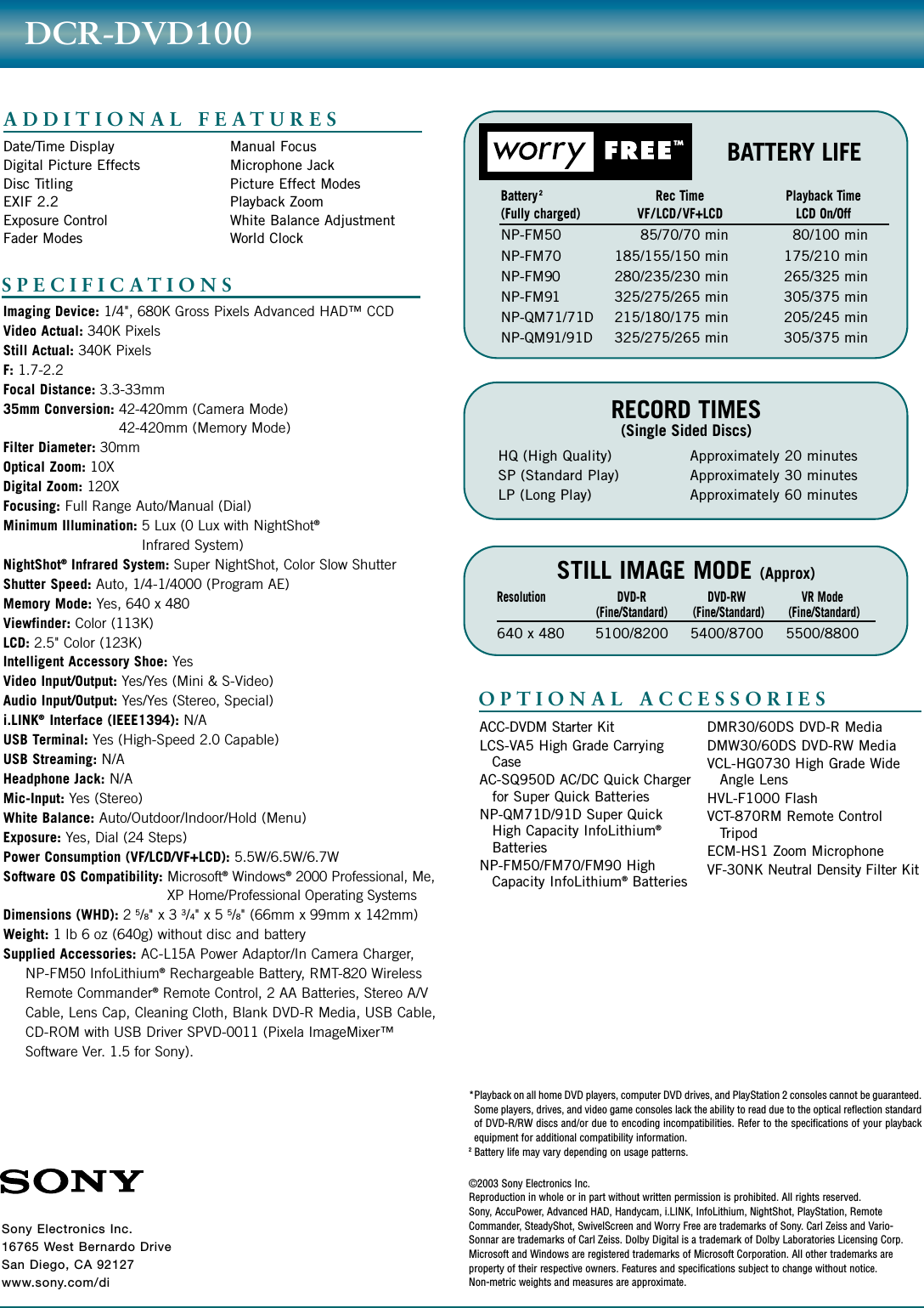Page 2 of 2 - Sony DCR-DVD100 SON 965; Book User Manual Marketing Specifications DCRDVD100 Sp