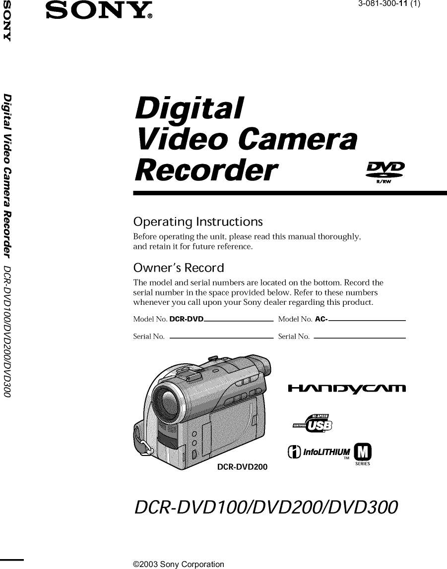 Sony DCR DVD100 User Manual DIGITAL CAMCORDER Manuals And Guides L0312142
