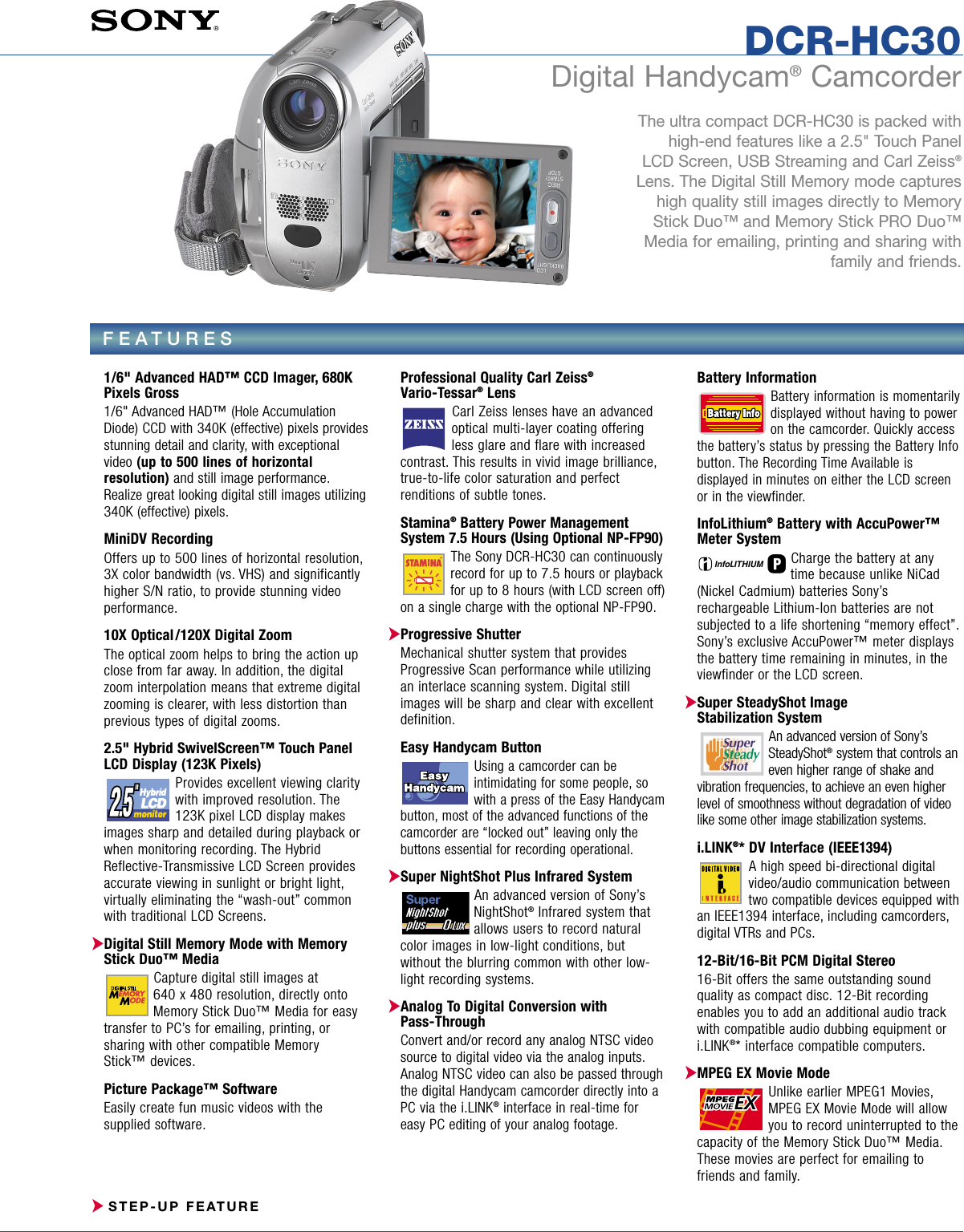 Page 1 of 2 - Sony DCR-HC30 Son 986; West Book 1 User Manual Marketing Specifications DCRHC30 Mksp